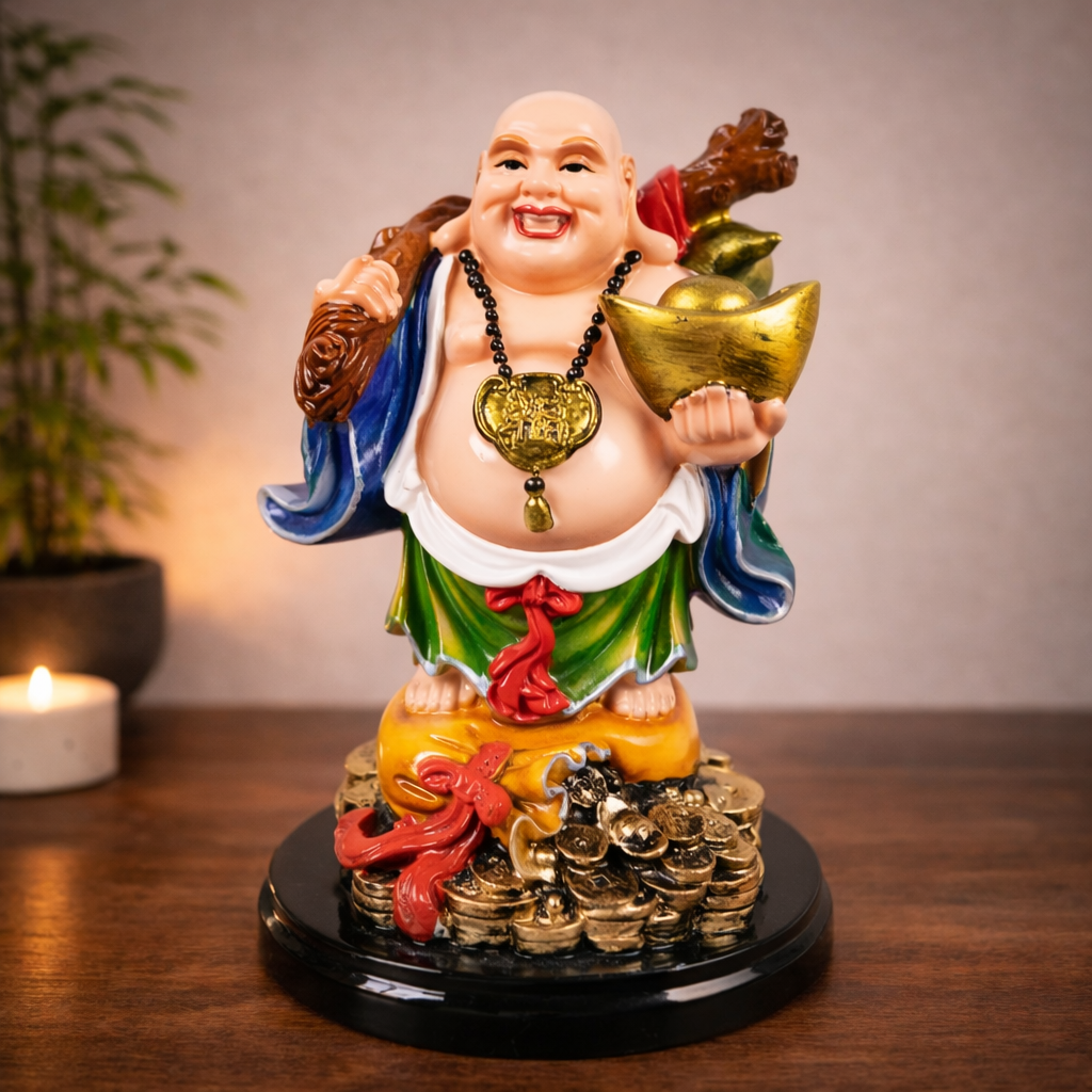 Laughing Buddha Showpiece with Bowl | Feng Shui Decor - Good Luck, Home, Table, Office Decor & Gift - 7 Inch - Apkamart