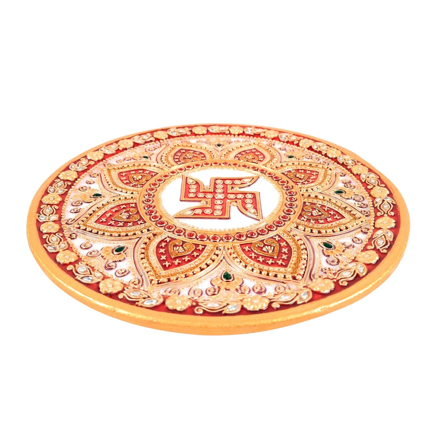 Marble Pooja Plate | Aarti Thali Big - Heavy Design - For Pooja, Weddings & Festivals - 9 Inch - Apkamart