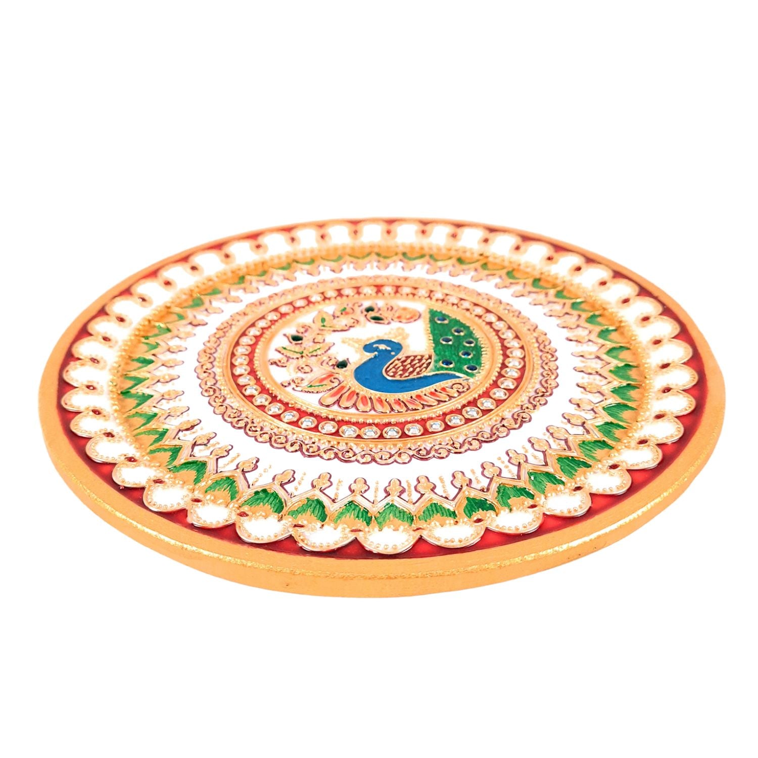 Marble Pooja Thali - Heavy Peacock Design - For Aarti, Puja, Weddings & Festivals - 9 Inch - Apkamart