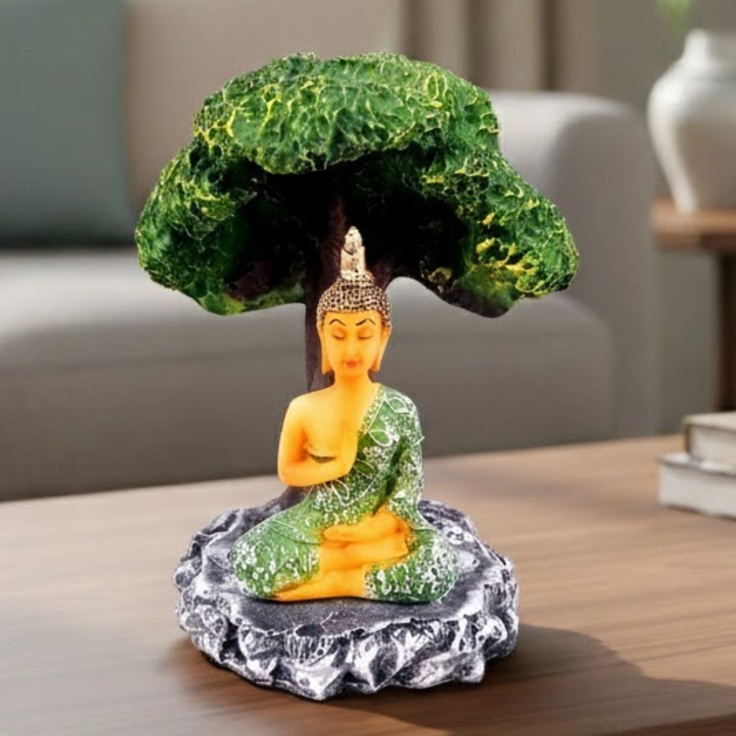 Buddha Statue | Lord Gautam Buddha Idol in Meditation Under Tree Showpiece -For Living room, Home, Table, Shelf, Office Decor & Gift - 9 Inch - Apkamart