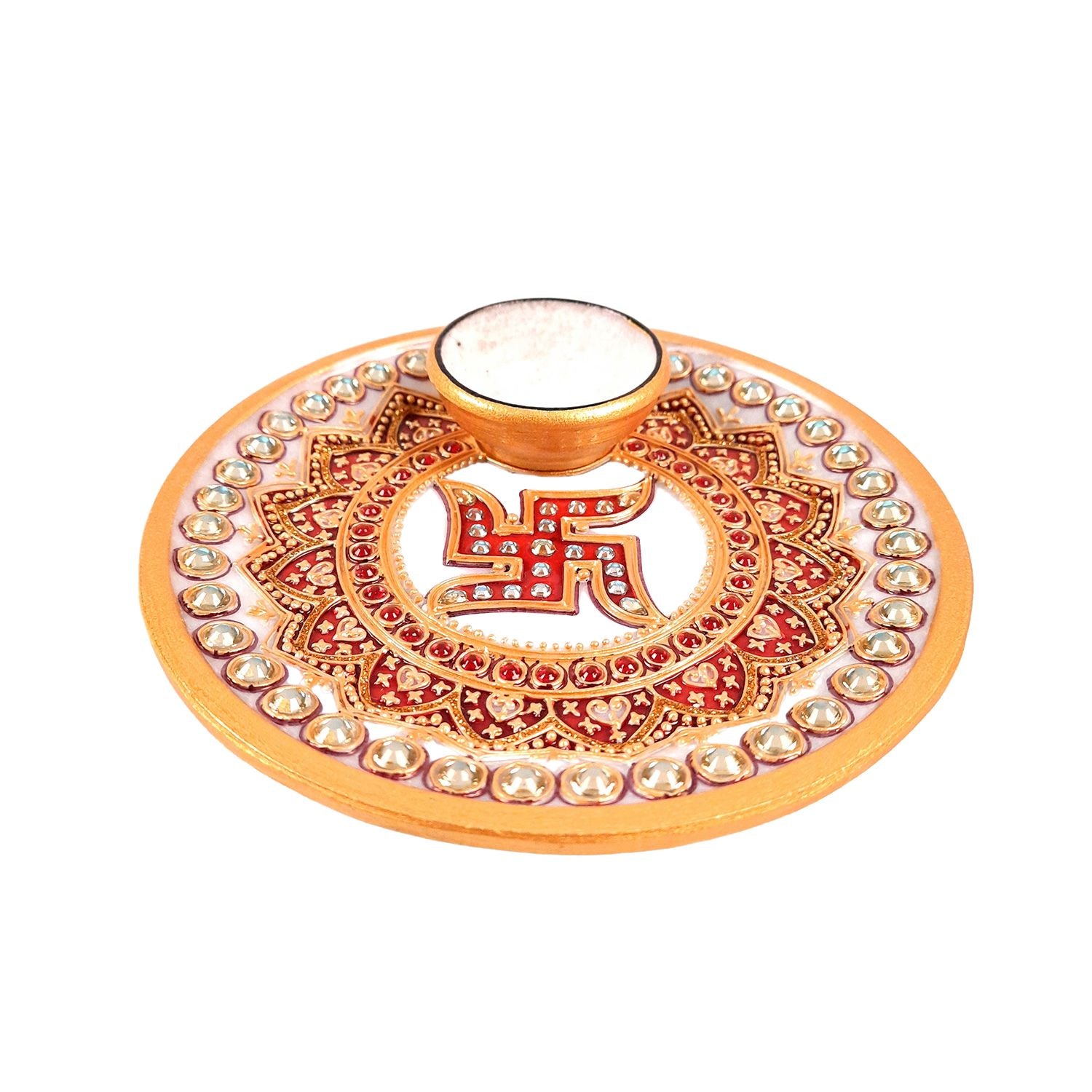 Marble Puja Thali with Diya | Pooja Plate With Swastik Design - For Rakhi, Diwali & Karwa Chauth - 6 Inch - Apkamart
