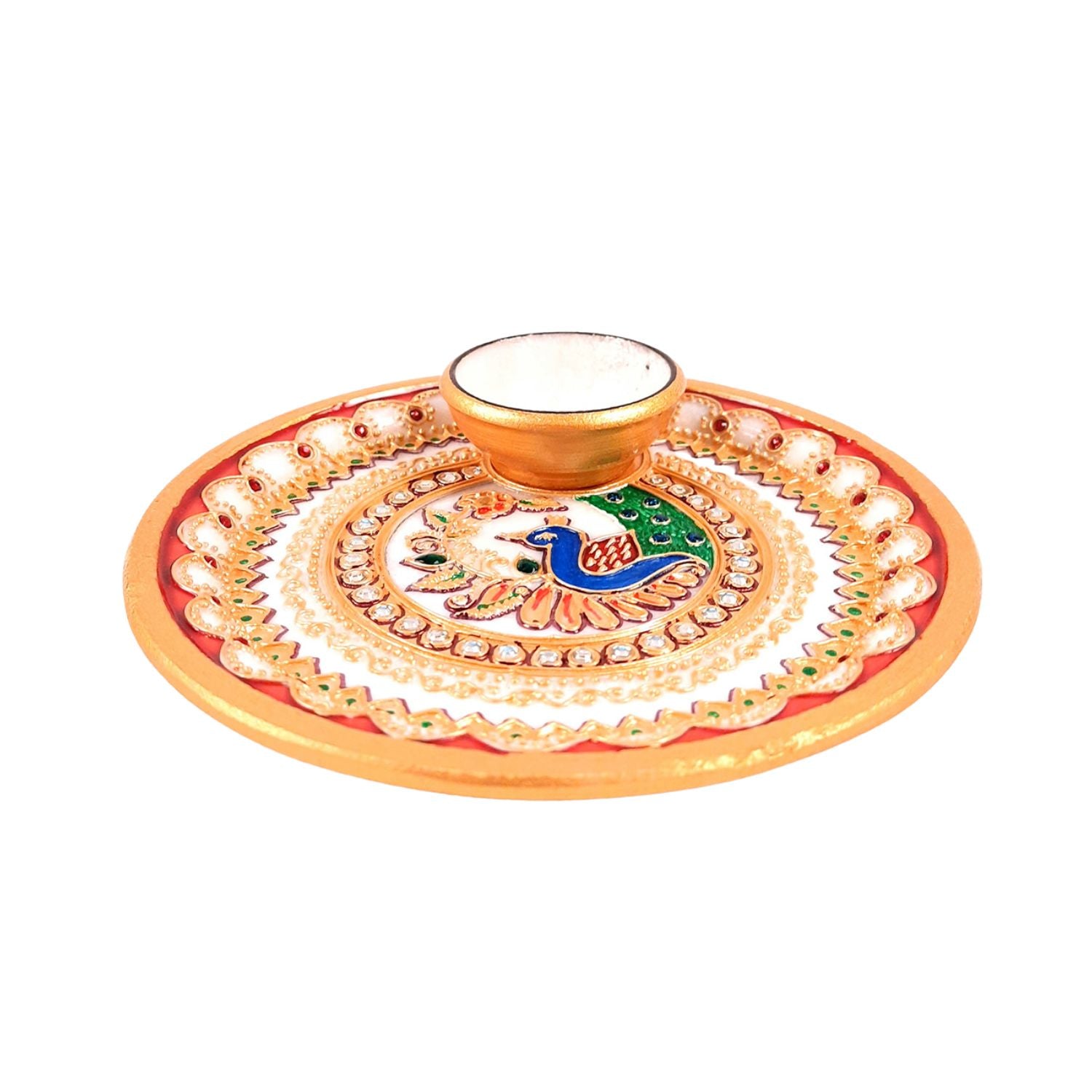 Marble Pooja Thali With Diya | Aarti Thali - Heavy Peacock Design - For Pooja, Weddings & Festivals - 6 Inch - Apkamart