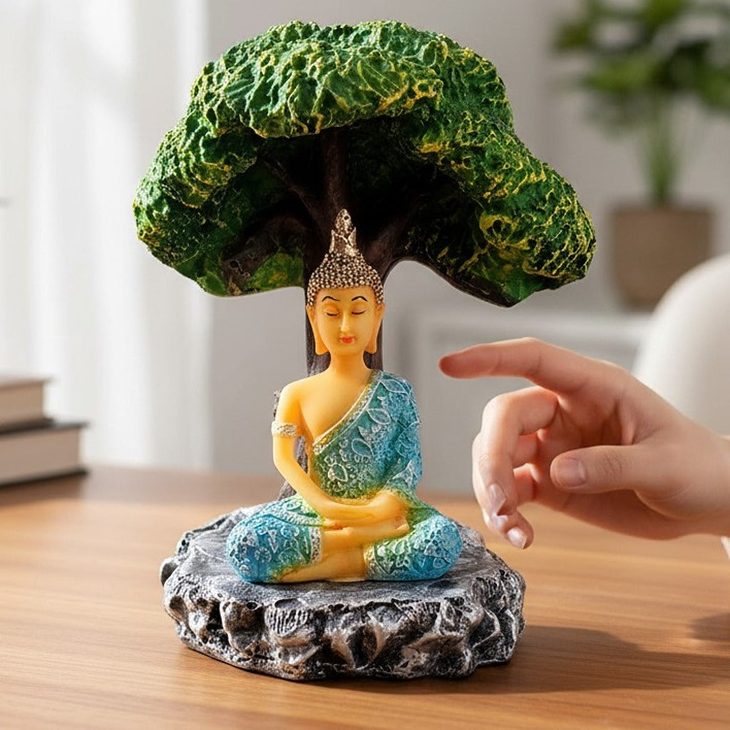 Buddha Statue | Lord Gautam Buddha in Meditation Under Tree Idol Showpiece | Good Luck, Money, Health and Prosperity - For Living room, Home, Table, Decor & Gift - 9 Inch - Apkamart