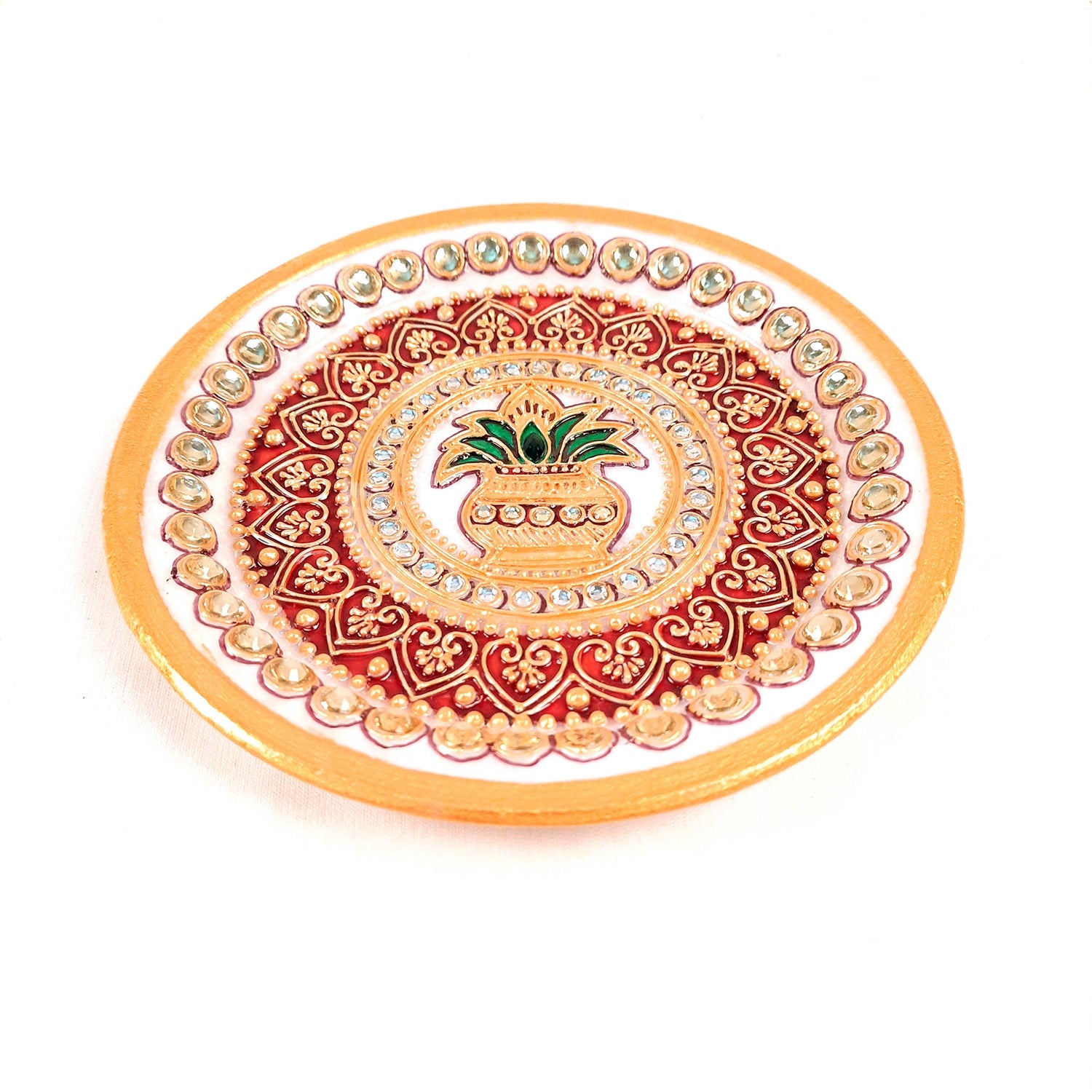 Marble Pooja Plate | Aarti Thali - Heavy Kalash Design - For Pooja, Weddings & Festivals - Apkamart