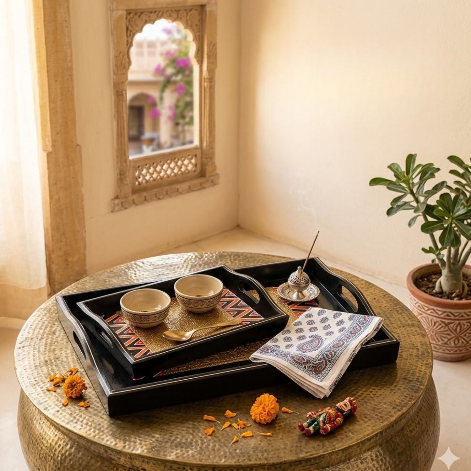 Wooden Tray Set Brass Embellished | Pack of 2 Trays - 13 Inch