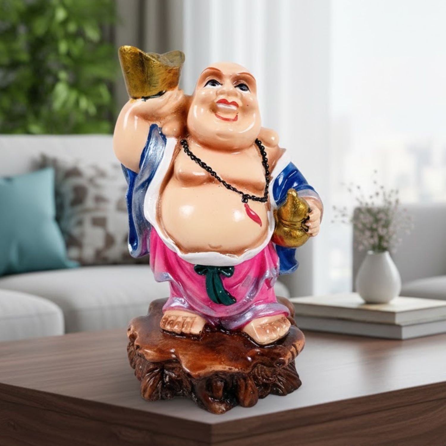 Laughing Buddha Statue | Monk Showpiece with Money Bag for Wealth | Good Luck, Money, Health and fulfillment. - For Home, Table & Office Decor & Gift - 4 Inch - Apkamart