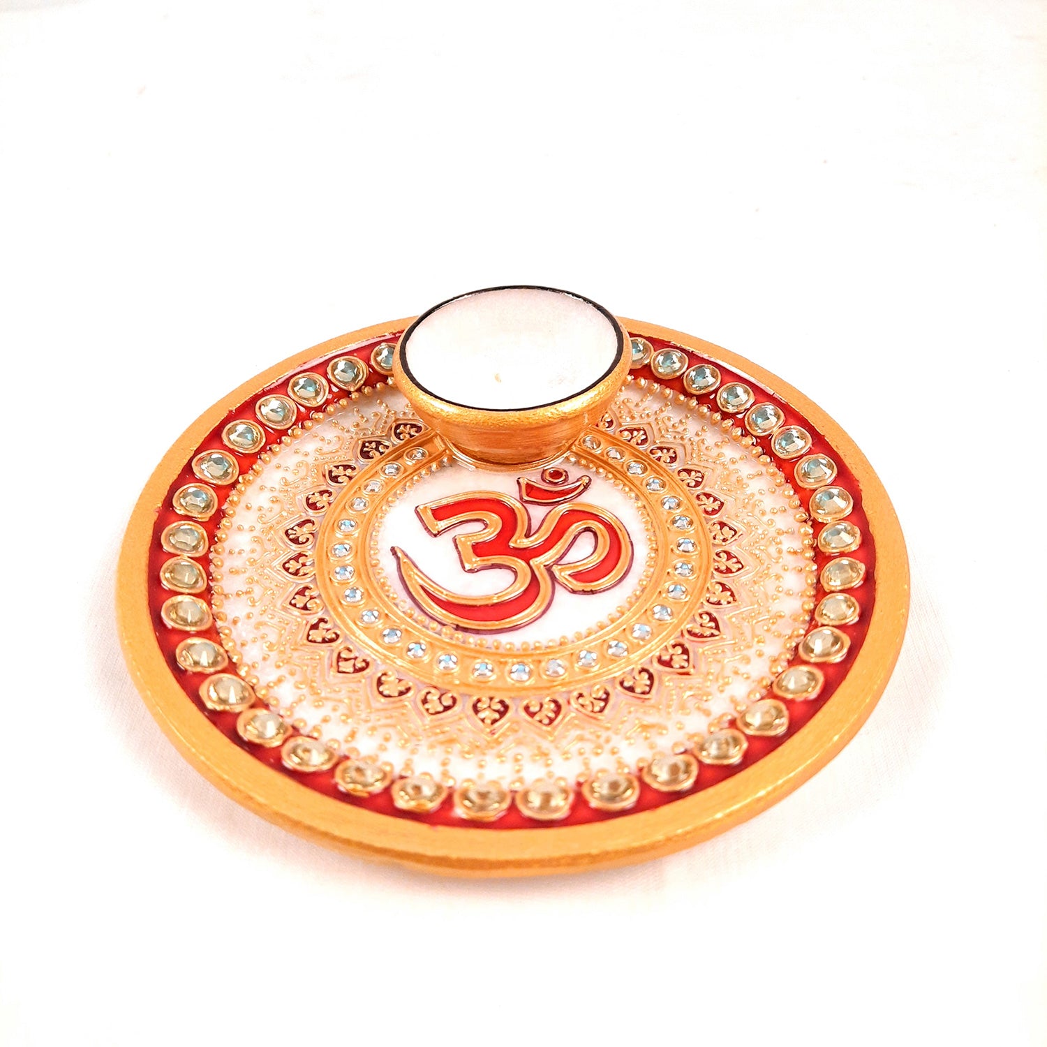 Puja Plate with Diya |Marble Pooja Thali With Heavy Om Design - For Pooja, weddings & Festivals - 6 Inch - Apkamart #Style_Design 1