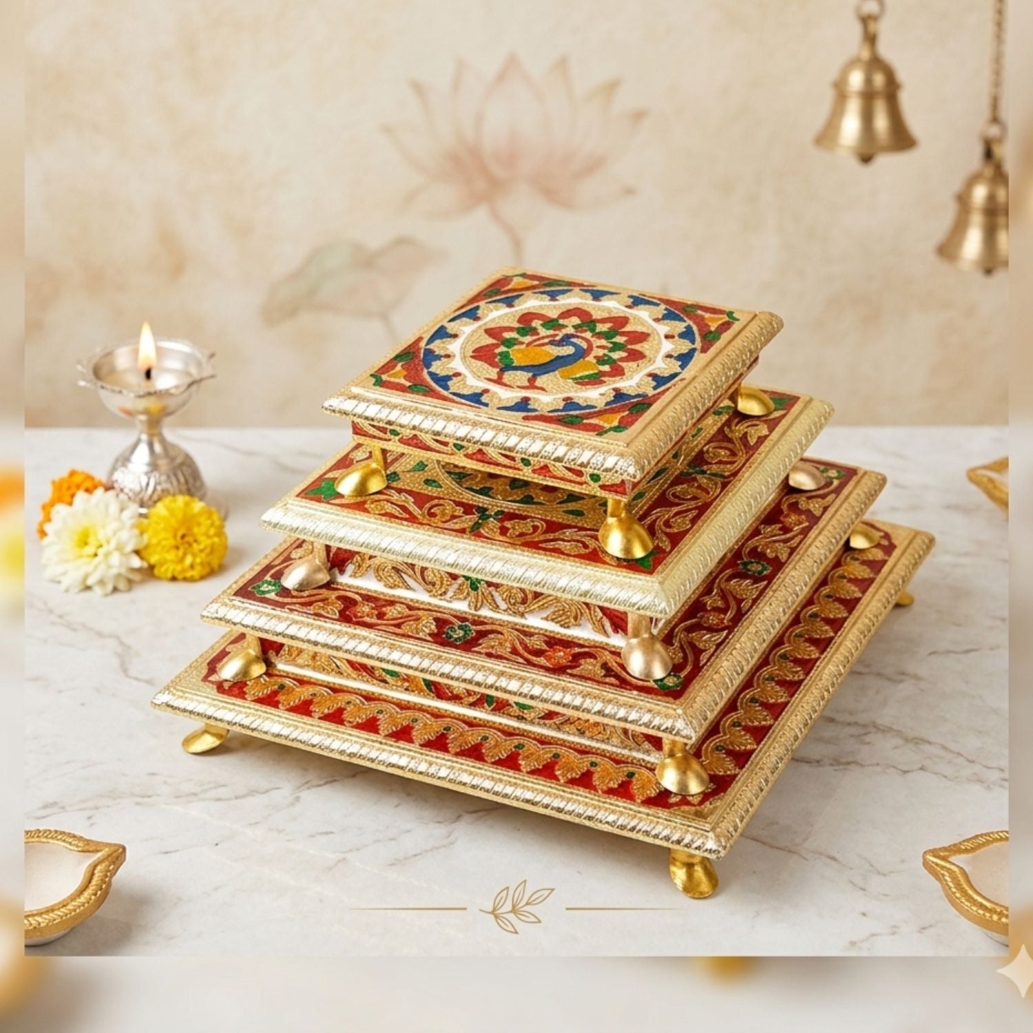 Minakari Puja Chowki Set 6,8,10,12 Inch | Pack of 4