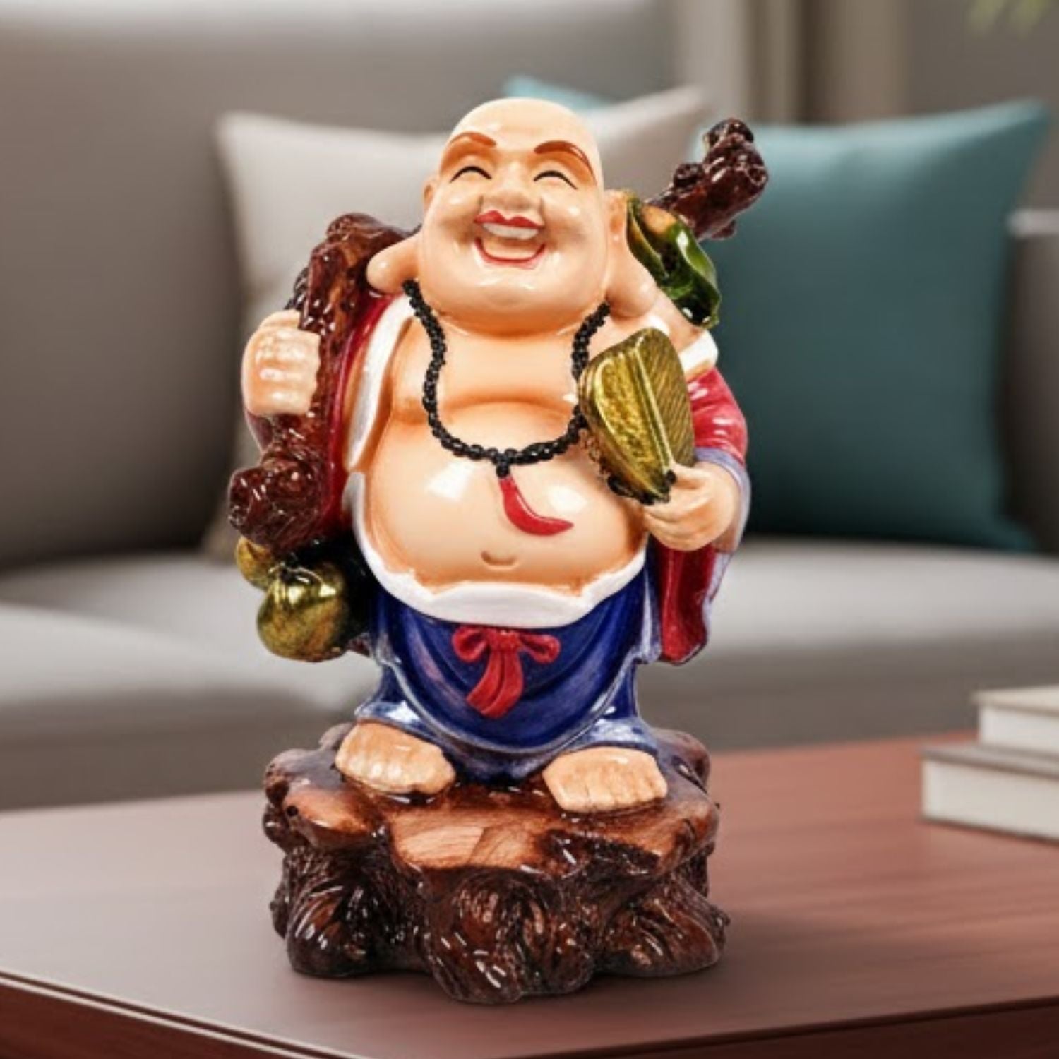 Laughing Buddha Statue | Monk Showpiece with Money Bag for Wealth, Good Luck, Money, Health and Prosperity - For Home, Table & Office Decor & Gift - 4 Inch - Apkamart