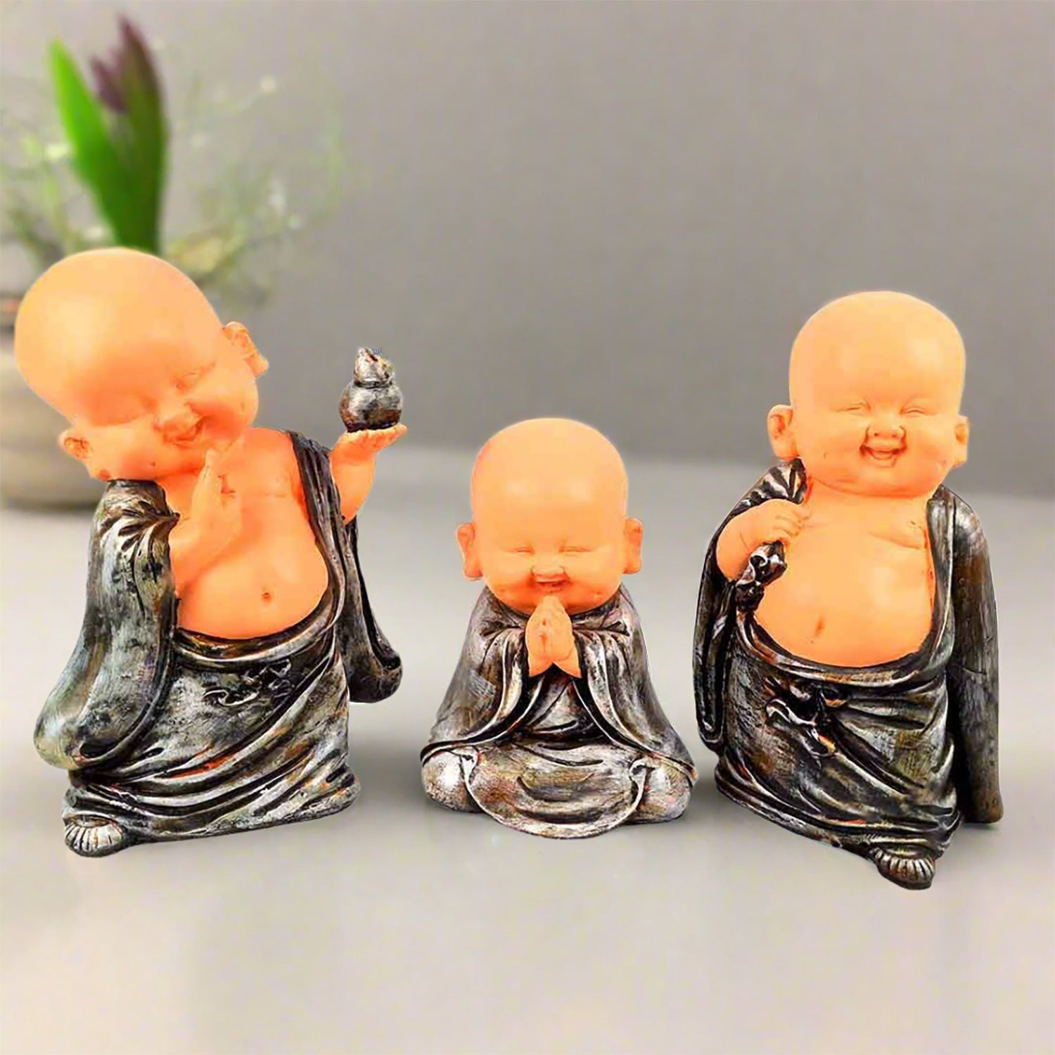 Baby Monk Showpiece - for Home & Garden Decor - 10 Inch - Set of 3