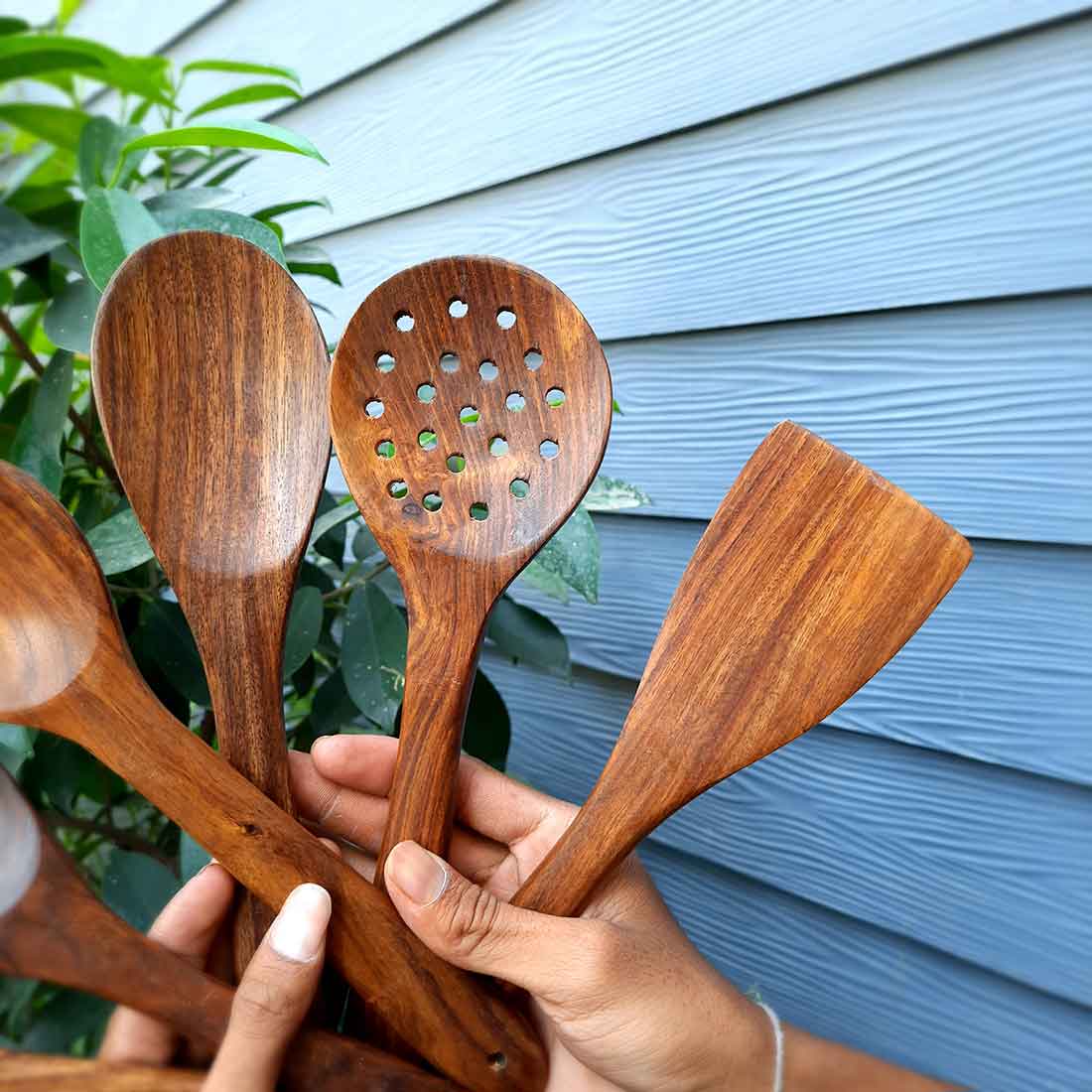 Serving Tray Set & Wooden Cookin Spoon Combo | Tea & Snacks Serving Trays & Wooden Spoons - For Non-stick Cookware, Kitchen Items, Gifts (Pack of 6) - Apkamart