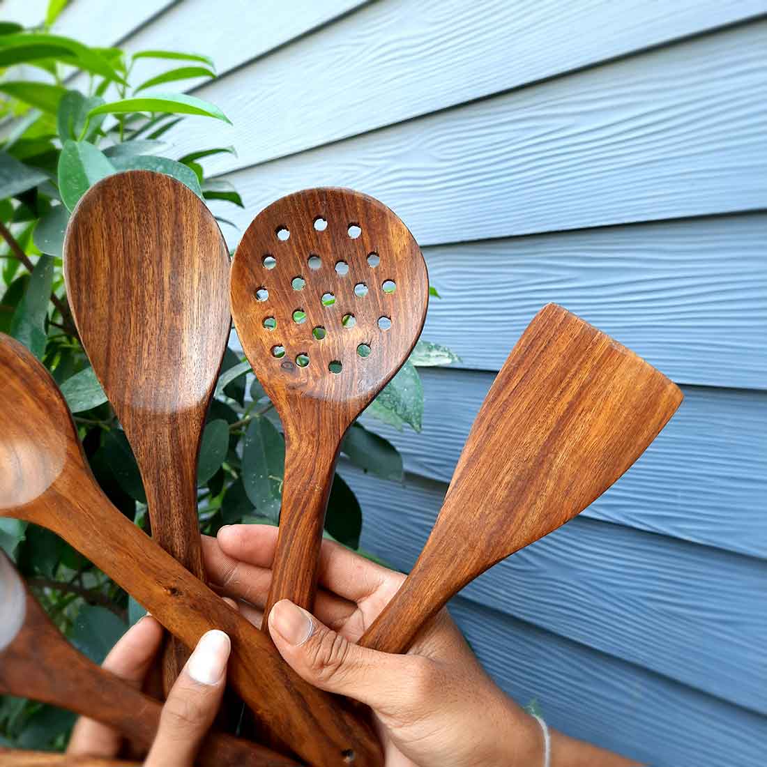Serving Tray Set & Wooden Cookin Spoon Combo | Tea & Snacks Serving Trays & Wooden Spoons - For Non-stick Cookware, Kitchen Items, Gifts (Pack of 6) - Apkamart