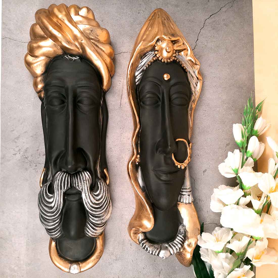 Traditional Man & Woman Face Wall Hanging - For Home, Wall Decor & Gifts - 23 Inch - Apkamart #Color_Black