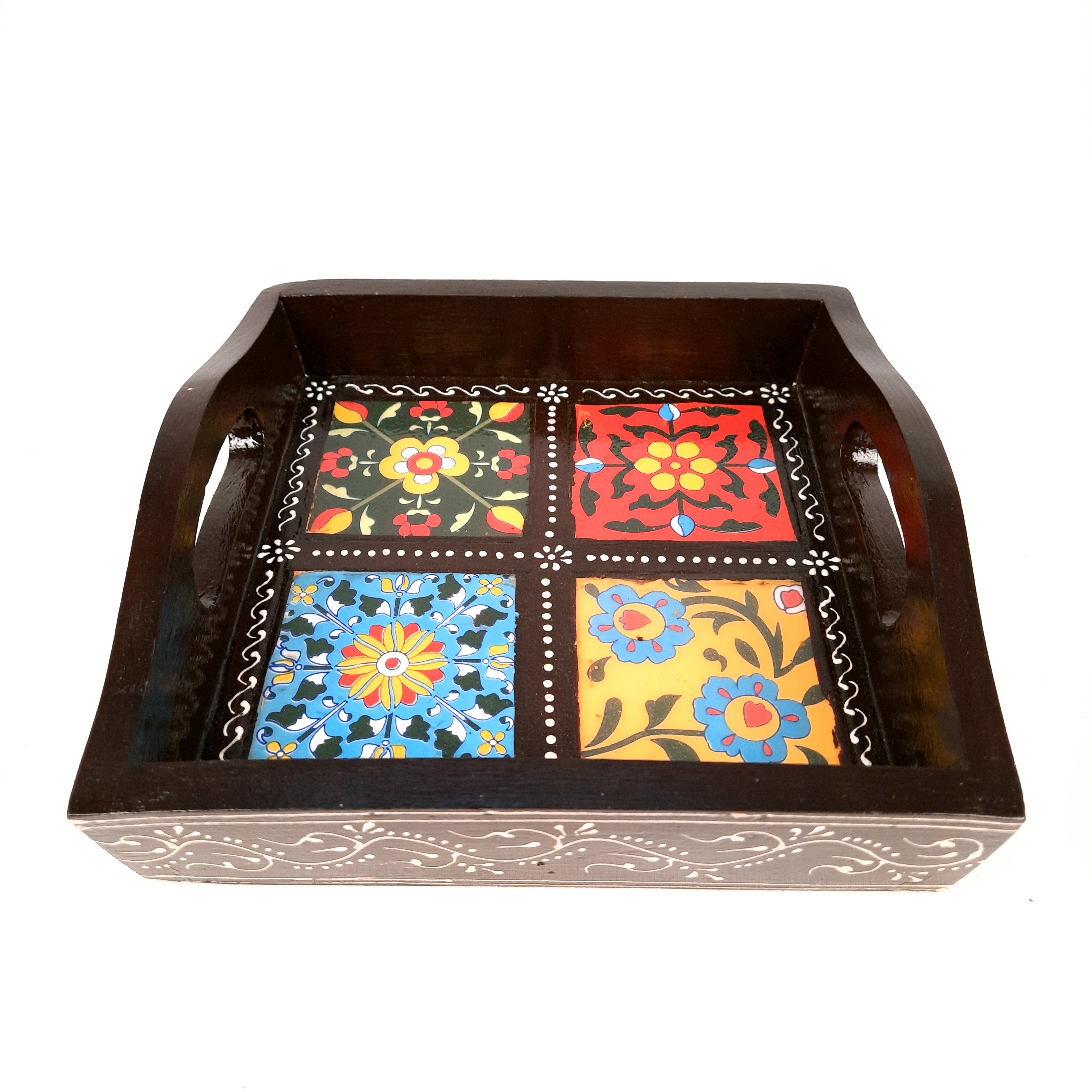 Serving Tray With In-Built Ceramic Tiles | Tea Tray - For Serving, Kitchen, Home Decor & Gifts - 9 Inch -Apkamart #Style_Designer