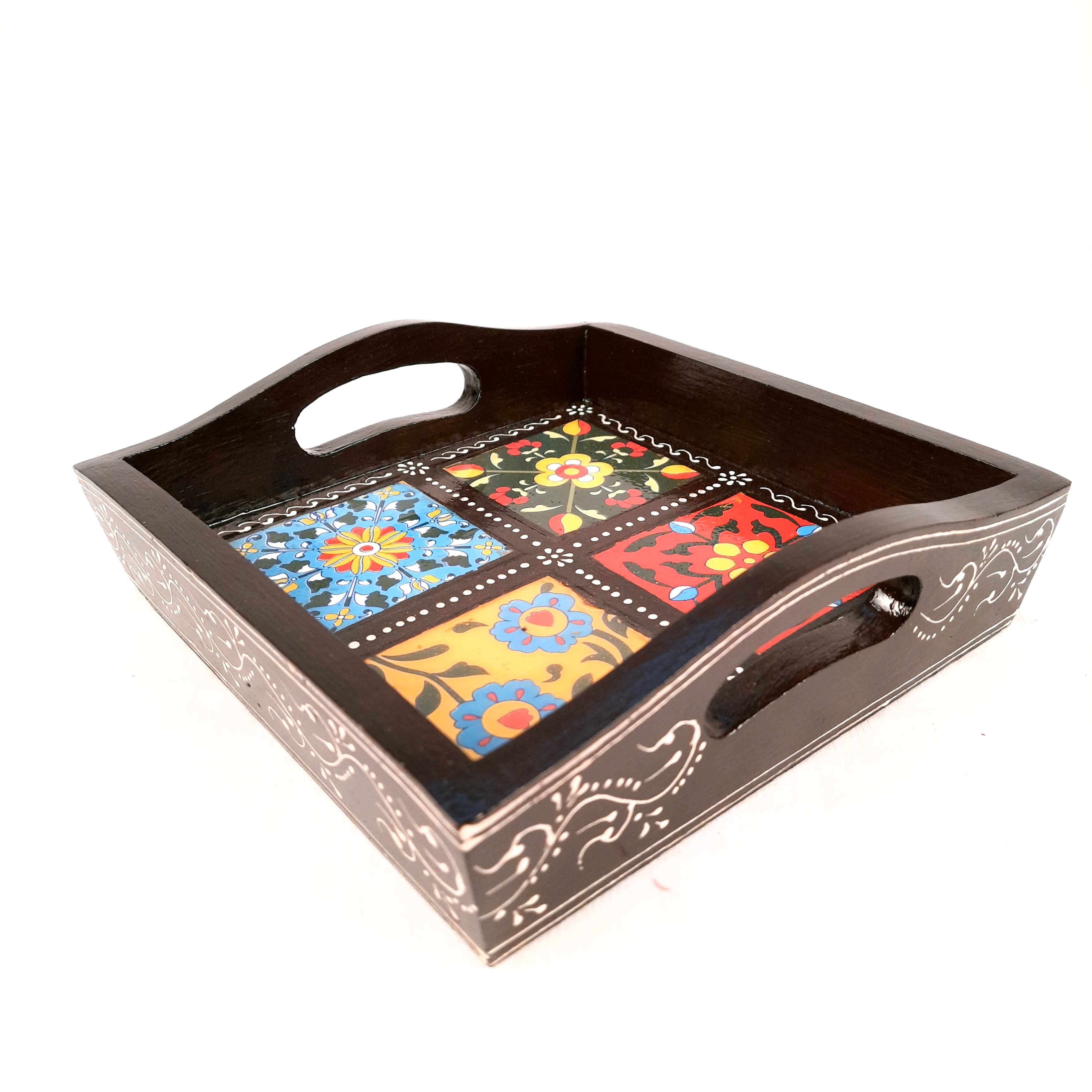 Serving Tray With In-Built Ceramic Tiles | Tea Tray - For Serving, Kitchen, Home Decor & Gifts - 9 Inch -Apkamart #Style_Designer