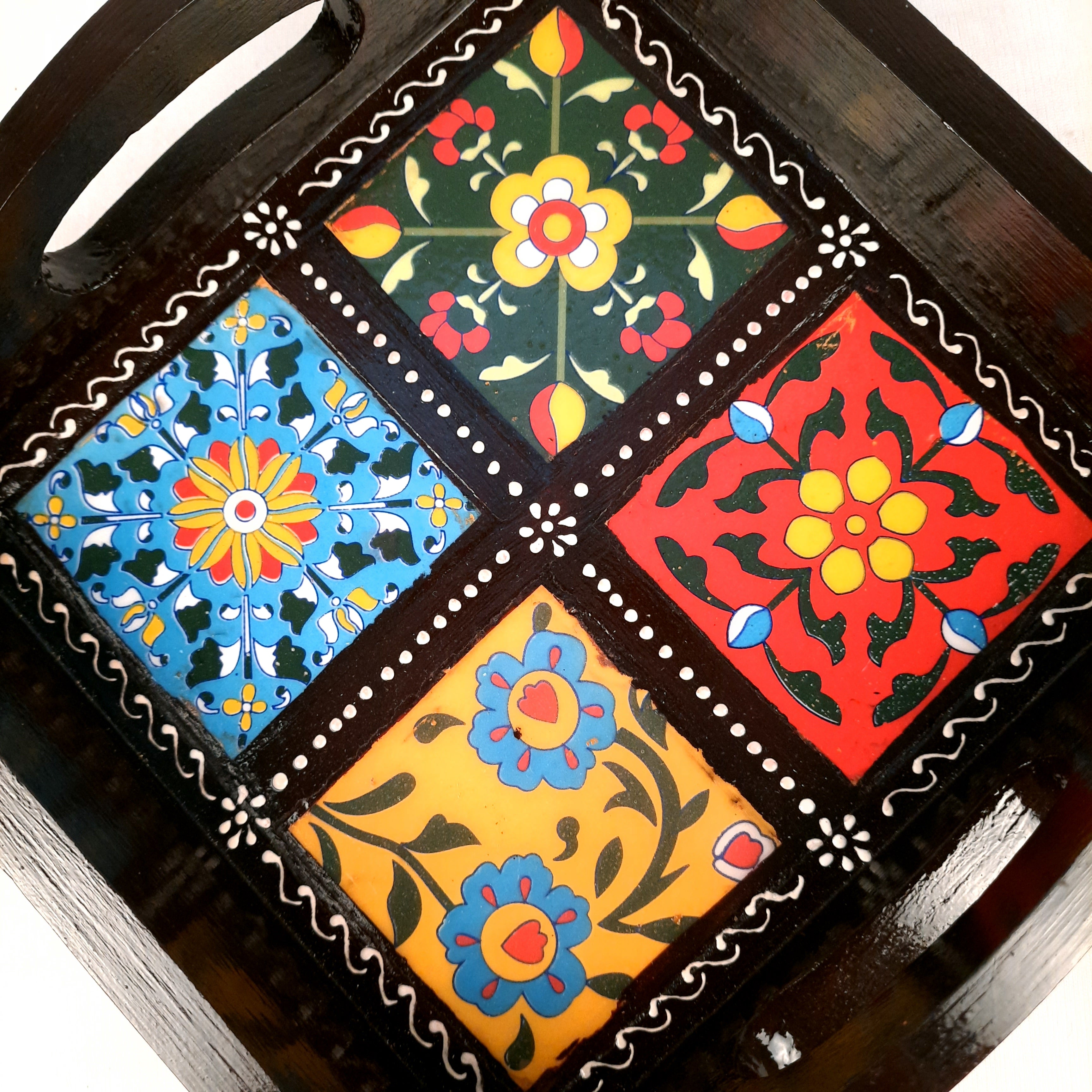 Serving Tray With In-Built Ceramic Tiles | Tea Tray - For Serving, Kitchen, Home Decor & Gifts - 9 Inch -Apkamart #Style_Designer