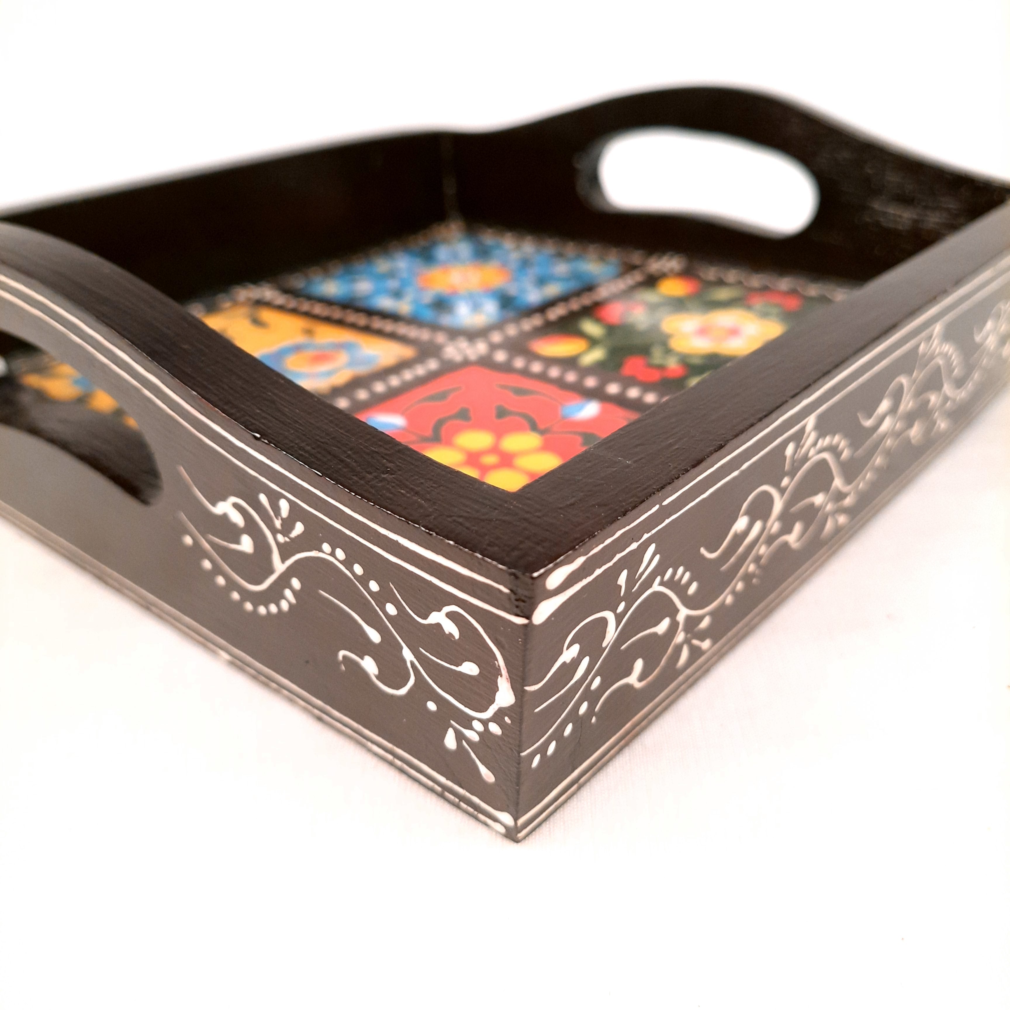 Serving Tray With In-Built Ceramic Tiles | Tea Tray - For Serving, Kitchen, Home Decor & Gifts - 9 Inch -Apkamart #Style_Designer