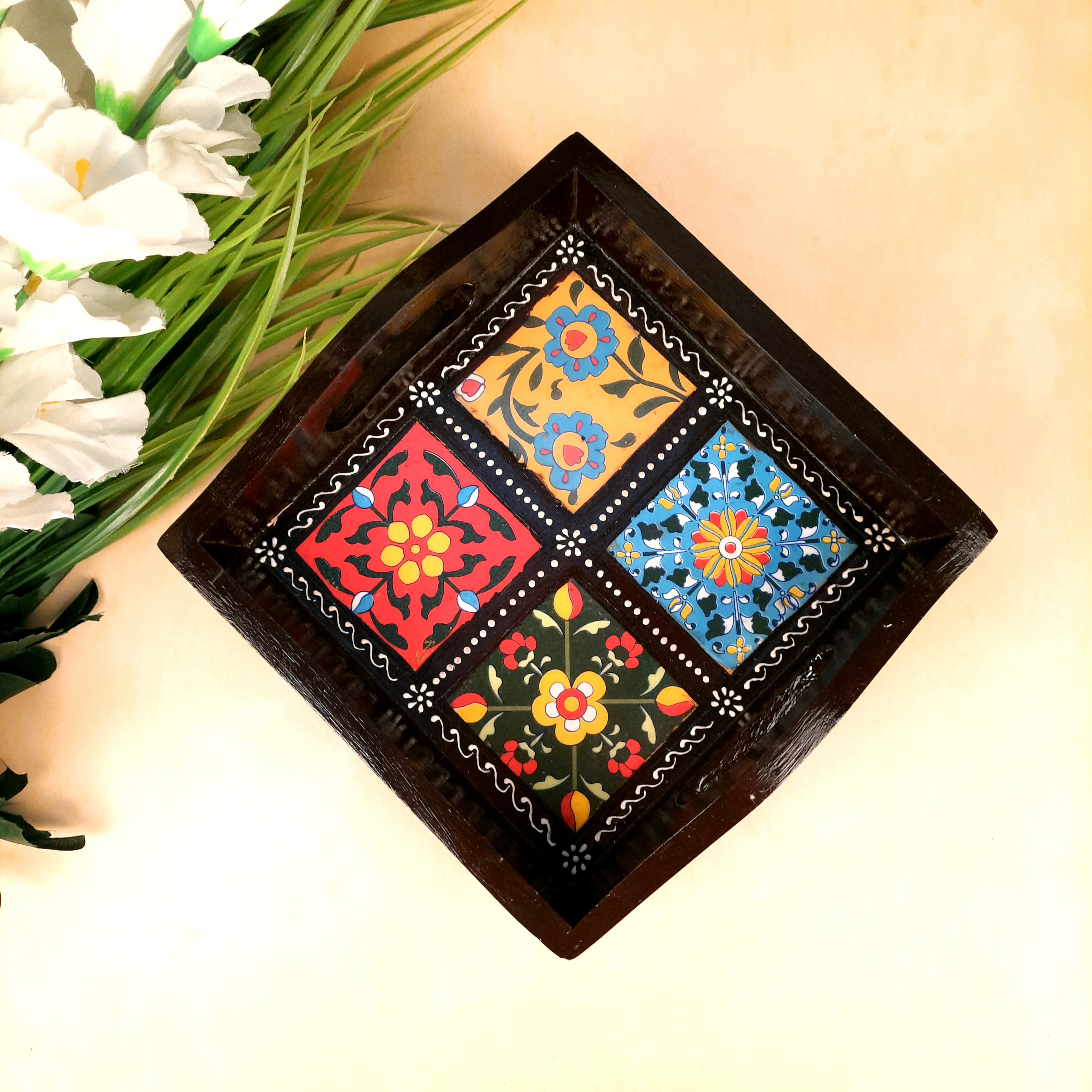 Serving Tray With In-Built Ceramic Tiles | Tea Tray - For Serving, Kitchen, Home Decor & Gifts - 9 Inch -Apkamart #Style_Designer