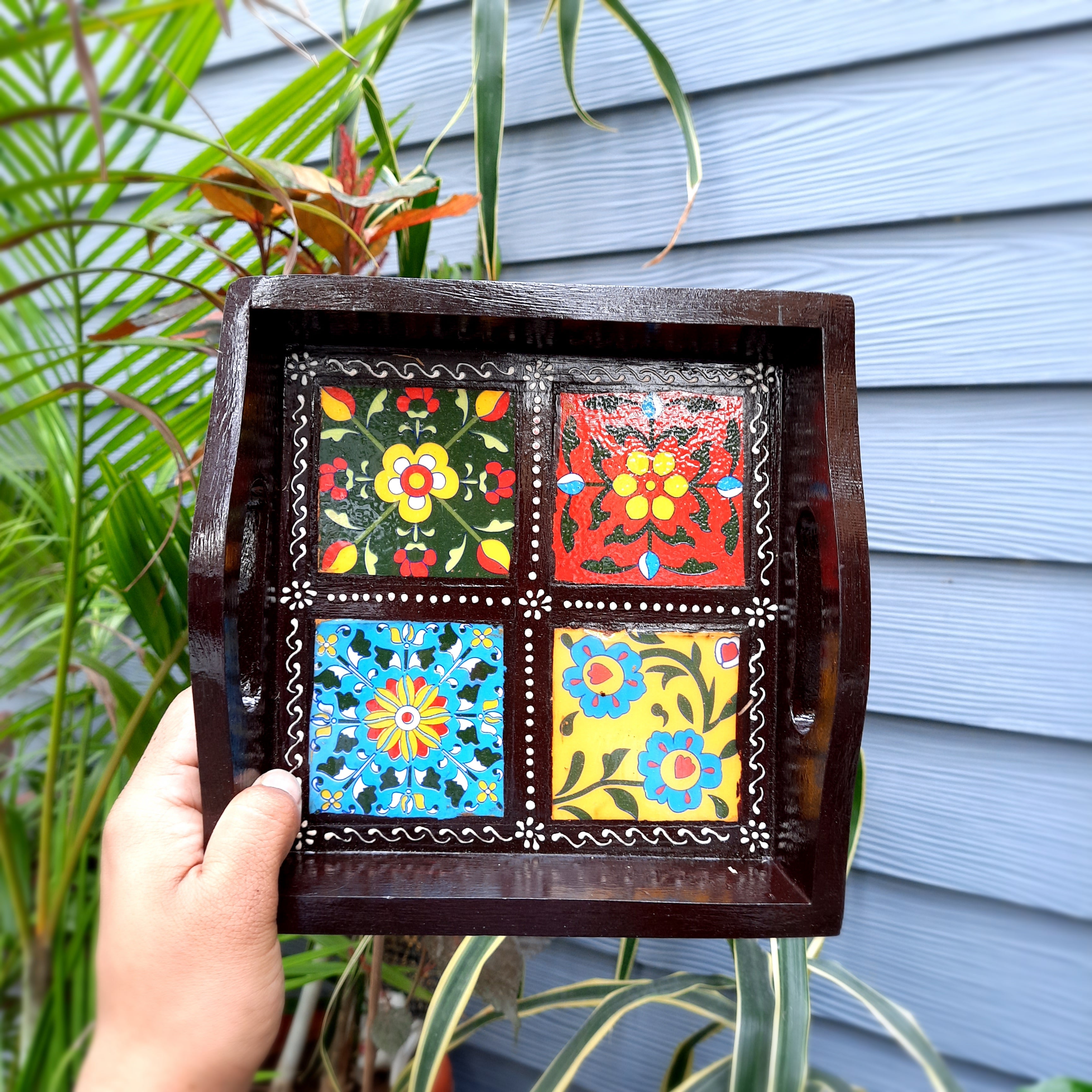 Serving Tray With In-Built Ceramic Tiles | Tea Tray - For Serving, Kitchen, Home Decor & Gifts - 9 Inch -Apkamart #Style_Designer