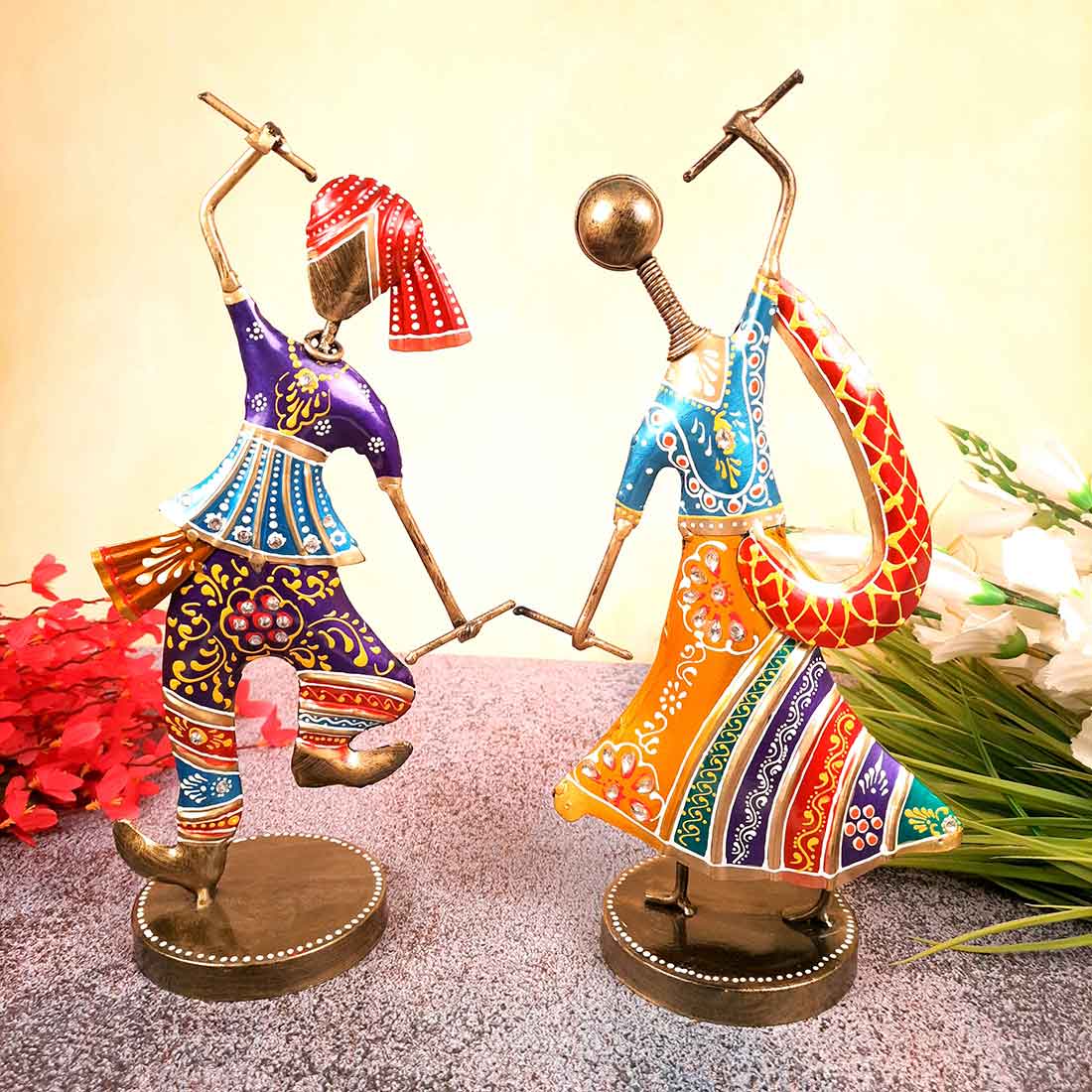Couple Dancing Showpiece with Dandiya - For Table Decor & Gifts -10 Inch - Set of 2 - Apkamart