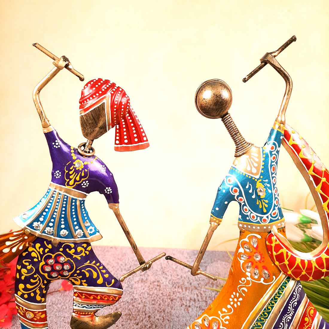 Couple Dancing Showpiece with Dandiya - For Table Decor & Gifts -10 Inch - Set of 2 - Apkamart