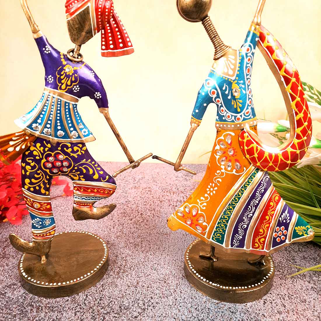 Couple Dancing Showpiece with Dandiya - For Table Decor & Gifts -10 Inch - Set of 2 - Apkamart