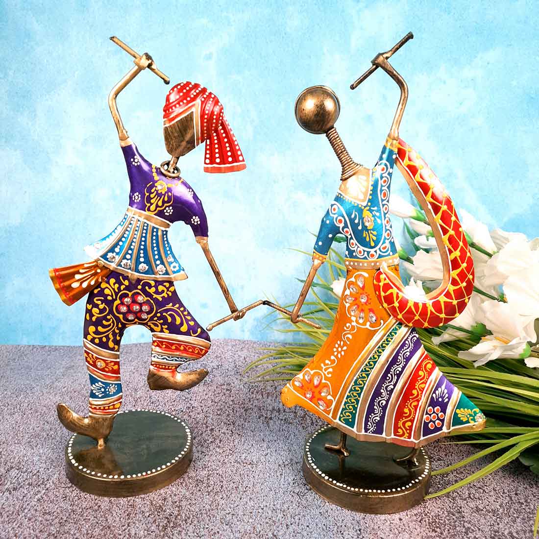 Couple Dancing Showpiece with Dandiya - For Table Decor & Gifts -10 Inch - Set of 2 - Apkamart