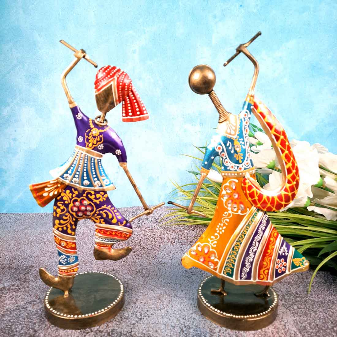 Couple Dancing Showpiece with Dandiya - For Table Decor & Gifts -10 Inch - Set of 2 - Apkamart