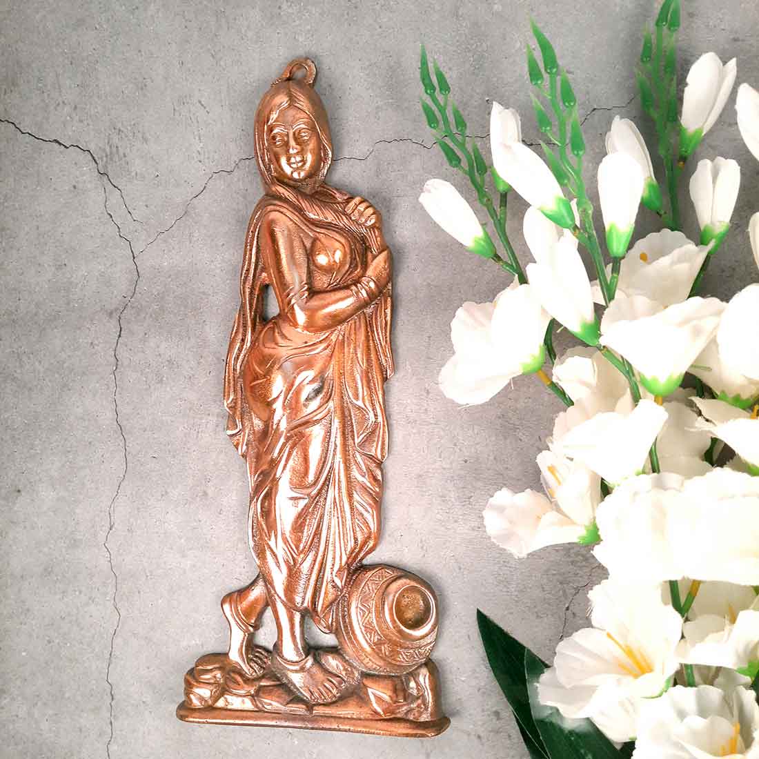 Wall Hanging - Village Lady Holding Matka Design | Wall Mount Showpiece | Metal Wall Art - For Home, Living Room, Bedroom, Hall, Entrance Decor | Housewarming & Wedding Gift - 16 Inch