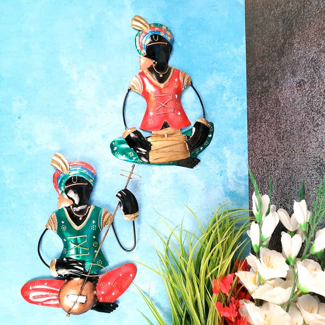 Metal Krishna Musician Wall Hanging| Wall Art Decor for Home & Office - 12 Inch (Set of 2)-Apkamart