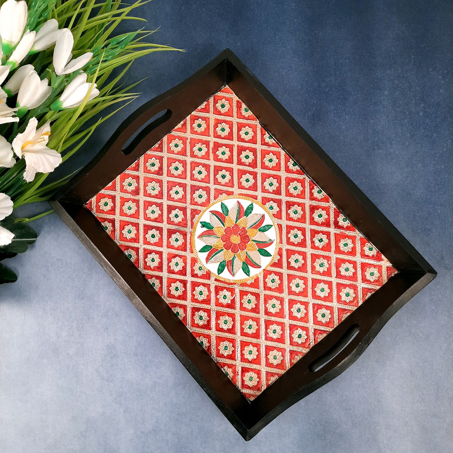 Wood with Meenakari Tray- For Serving & Table Decor-Apkamart