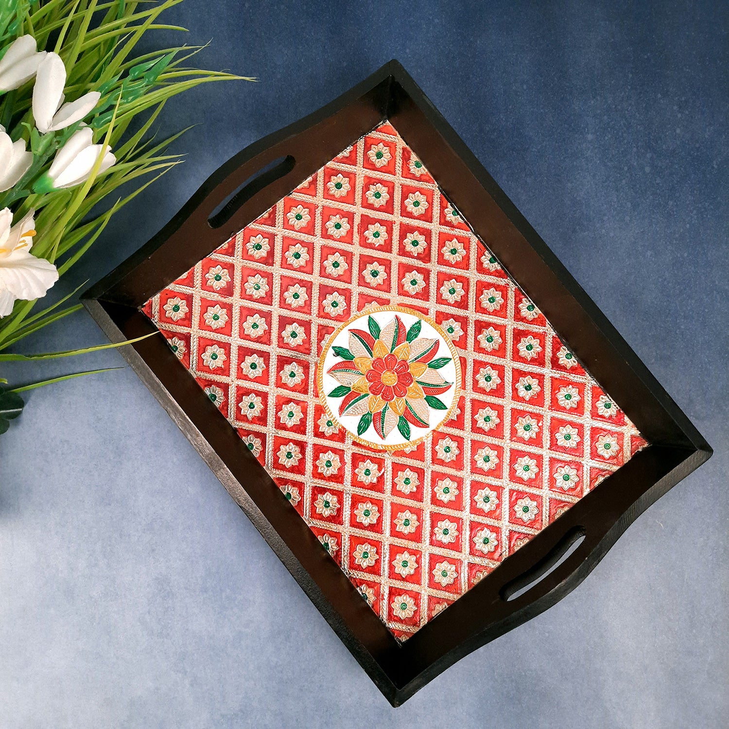 Wood with Meenakari Tray- For Serving & Table Decor-Apkamart