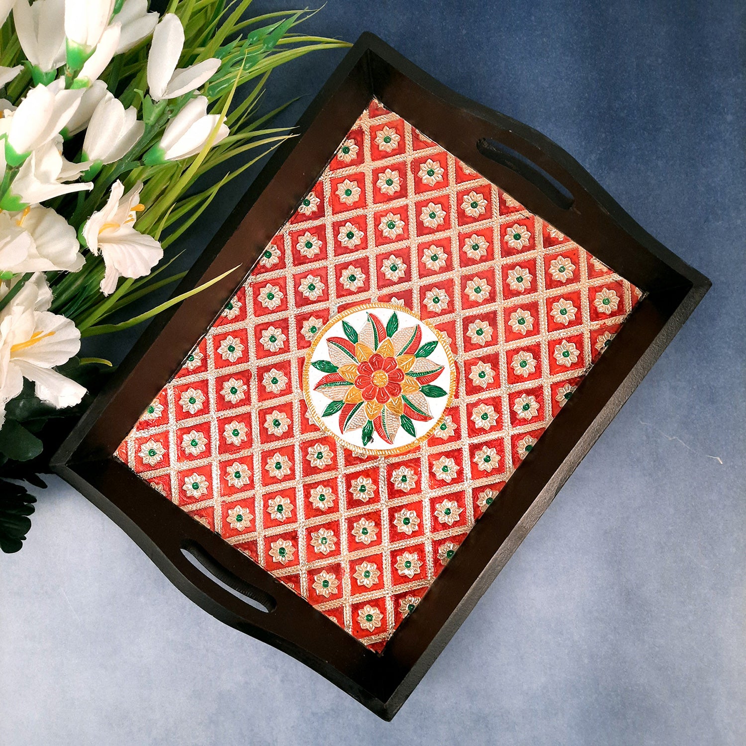 Wood with Meenakari Tray- For Serving & Table Decor-Apkamart