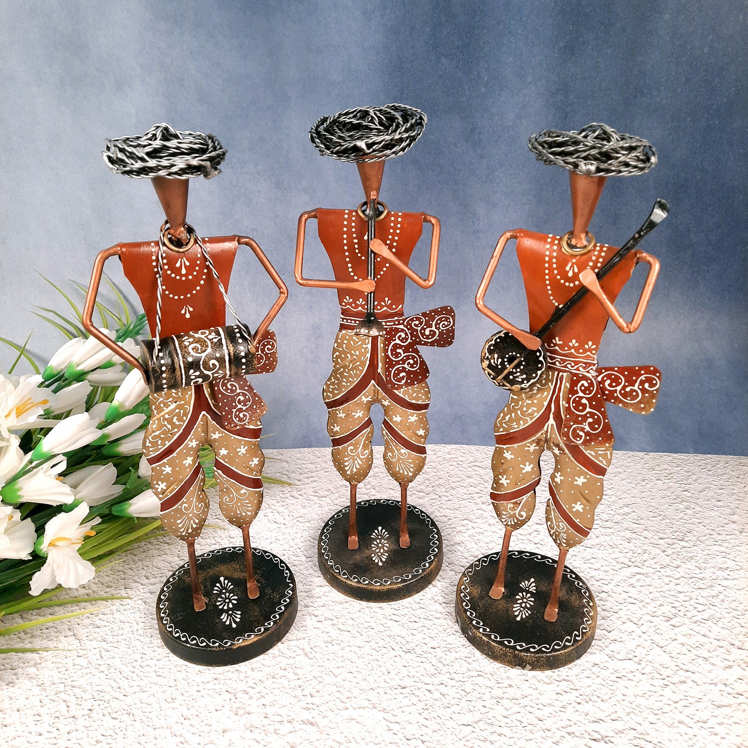 Musician Figurines - Musician Playing Dholak, Sitar & Shehnai - 14 Inch -Set of 3-Apkamart #style_Pack of 3
