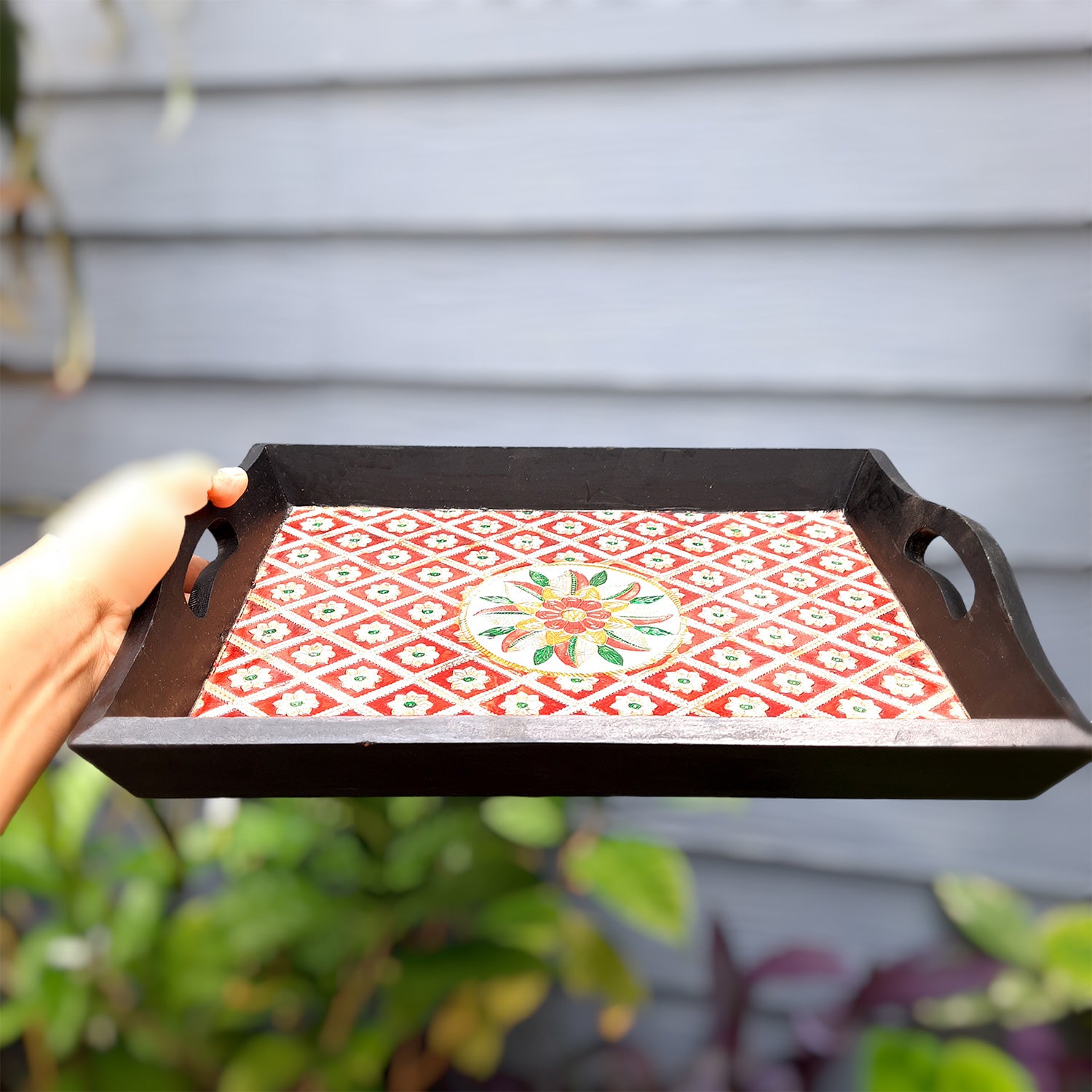Wood with Meenakari Tray- For Serving & Table Decor-Apkamart