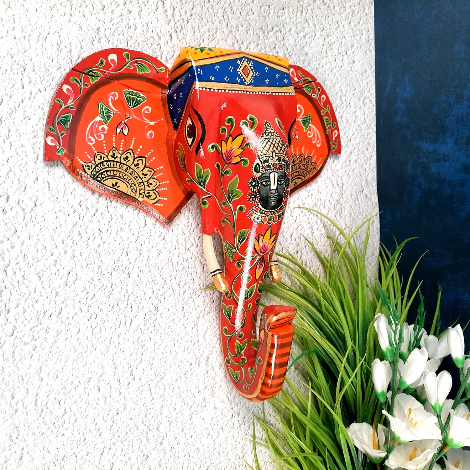 Elephant Head Wall Decor | Wooden Elephant Head with Balaji Wall Hanging - For Home, Wall Decor & Gifts - 14 Inch Inch-Apkamart #Color_Red