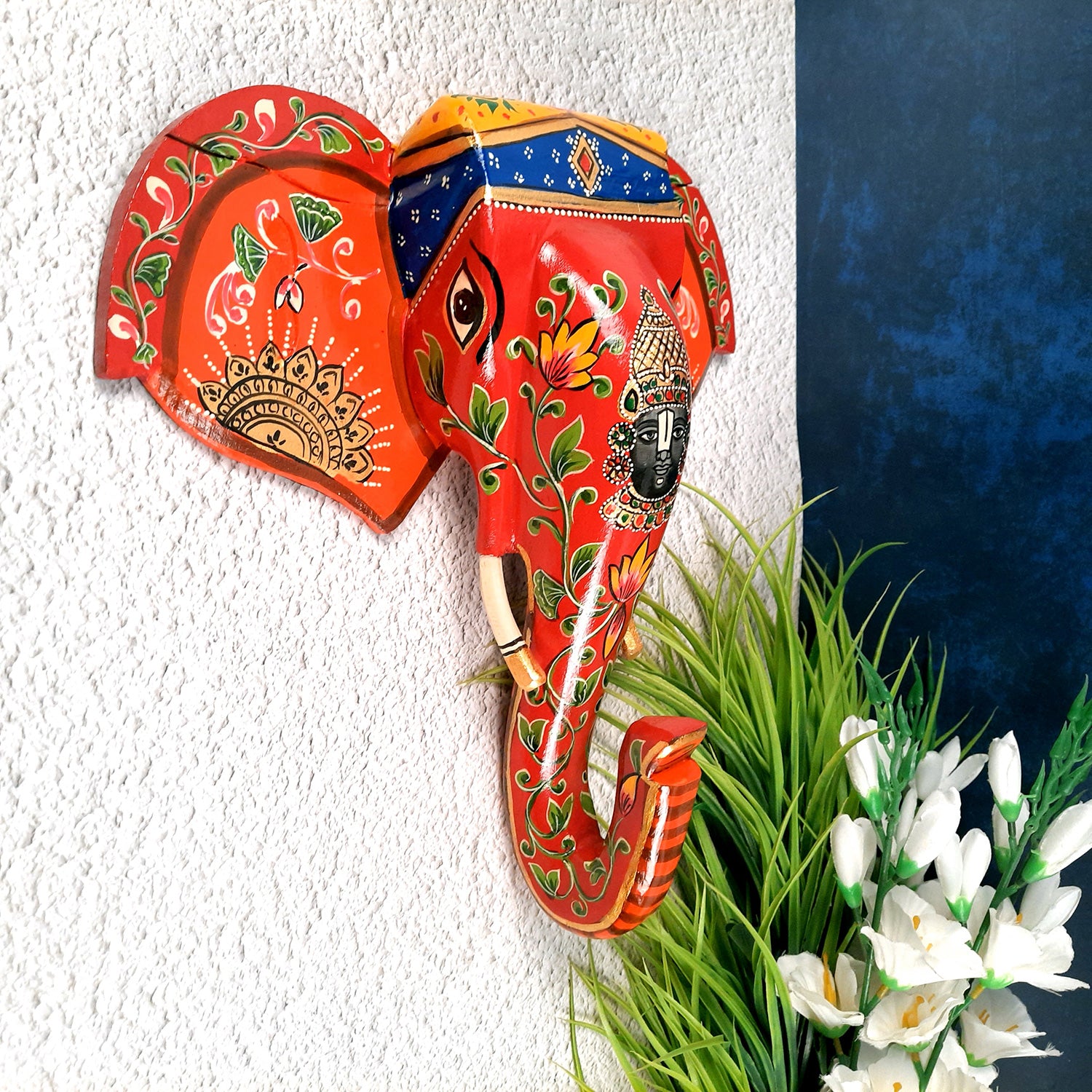 Elephant Head Wall Decor | Wooden Elephant Head with Balaji Wall Hanging - For Home, Wall Decor & Gifts - 14 Inch Inch-Apkamart #Color_Red