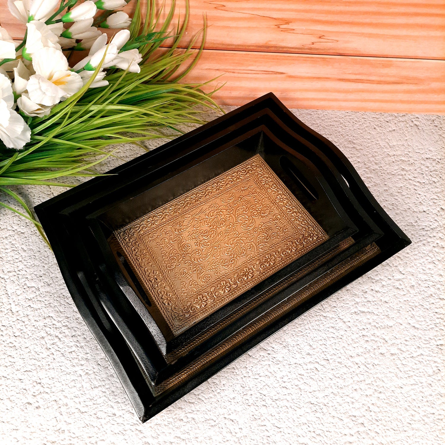 Brass Tray | Wooden Serving Tray Set - For Serving, Dining, Kitchen - Apkamart
