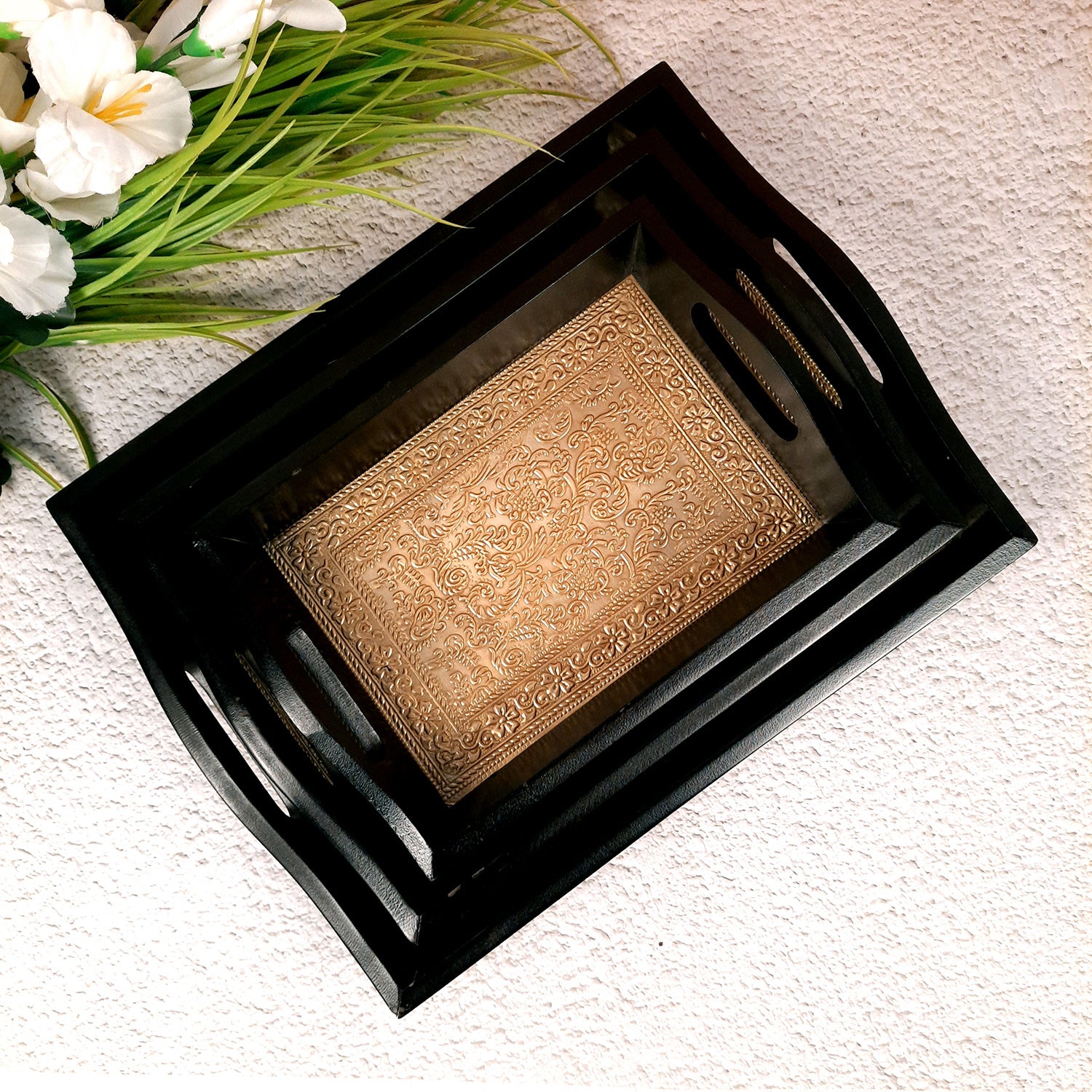 Brass Tray | Wooden Serving Tray Set - For Serving, Dining, Kitchen - Apkamart