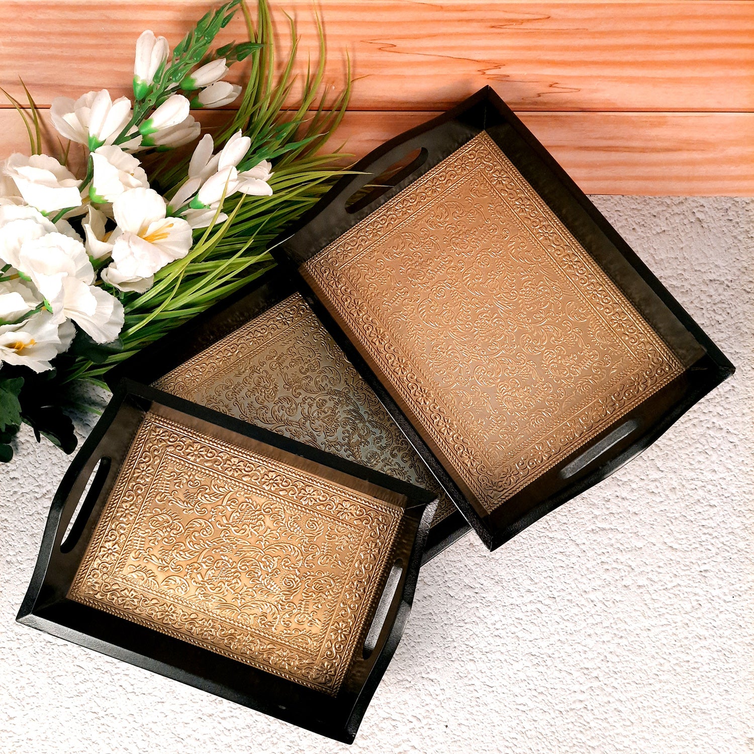 Brass Tray | Wooden Serving Tray Set - For Serving, Dining, Kitchen - Apkamart