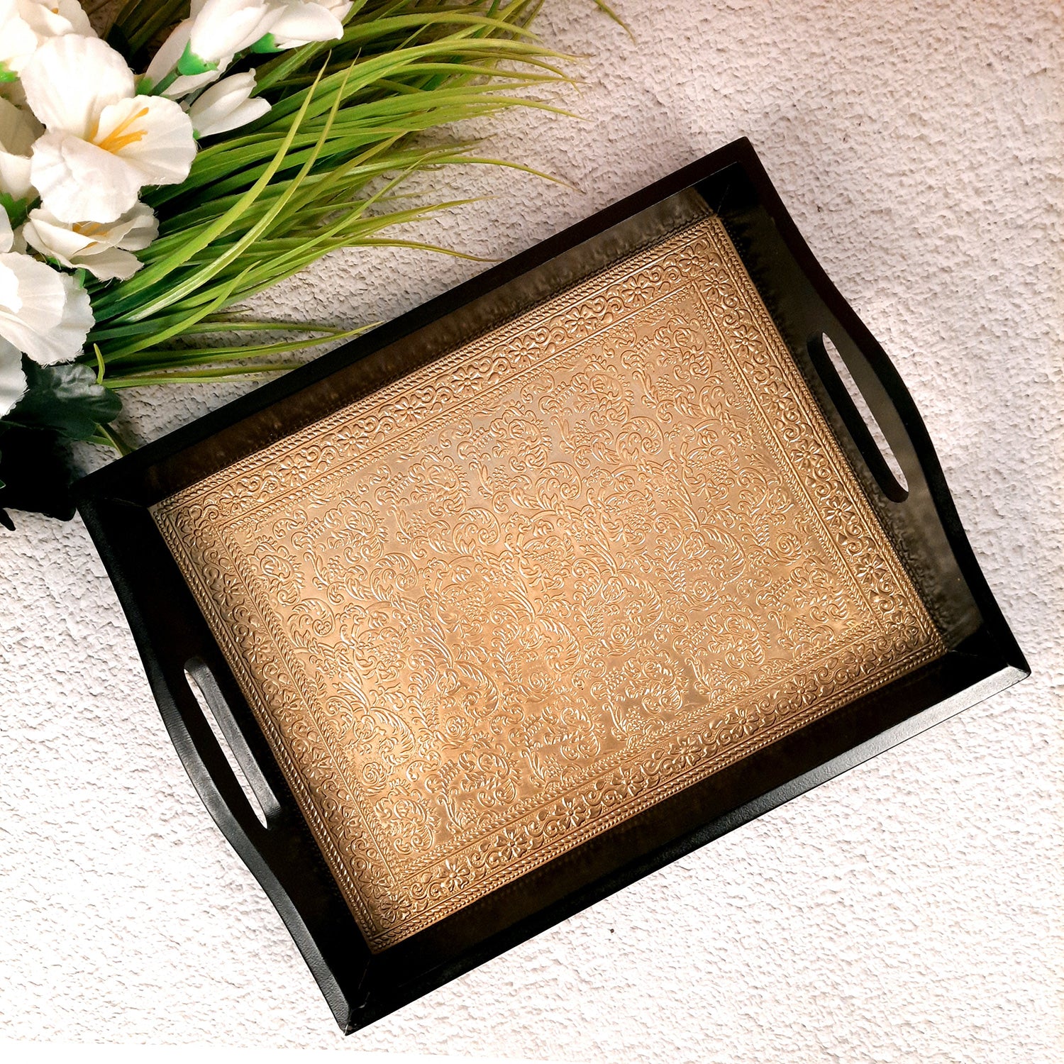 Brass Tray | Wooden Serving Tray Set - For Serving, Dining, Kitchen - Apkamart