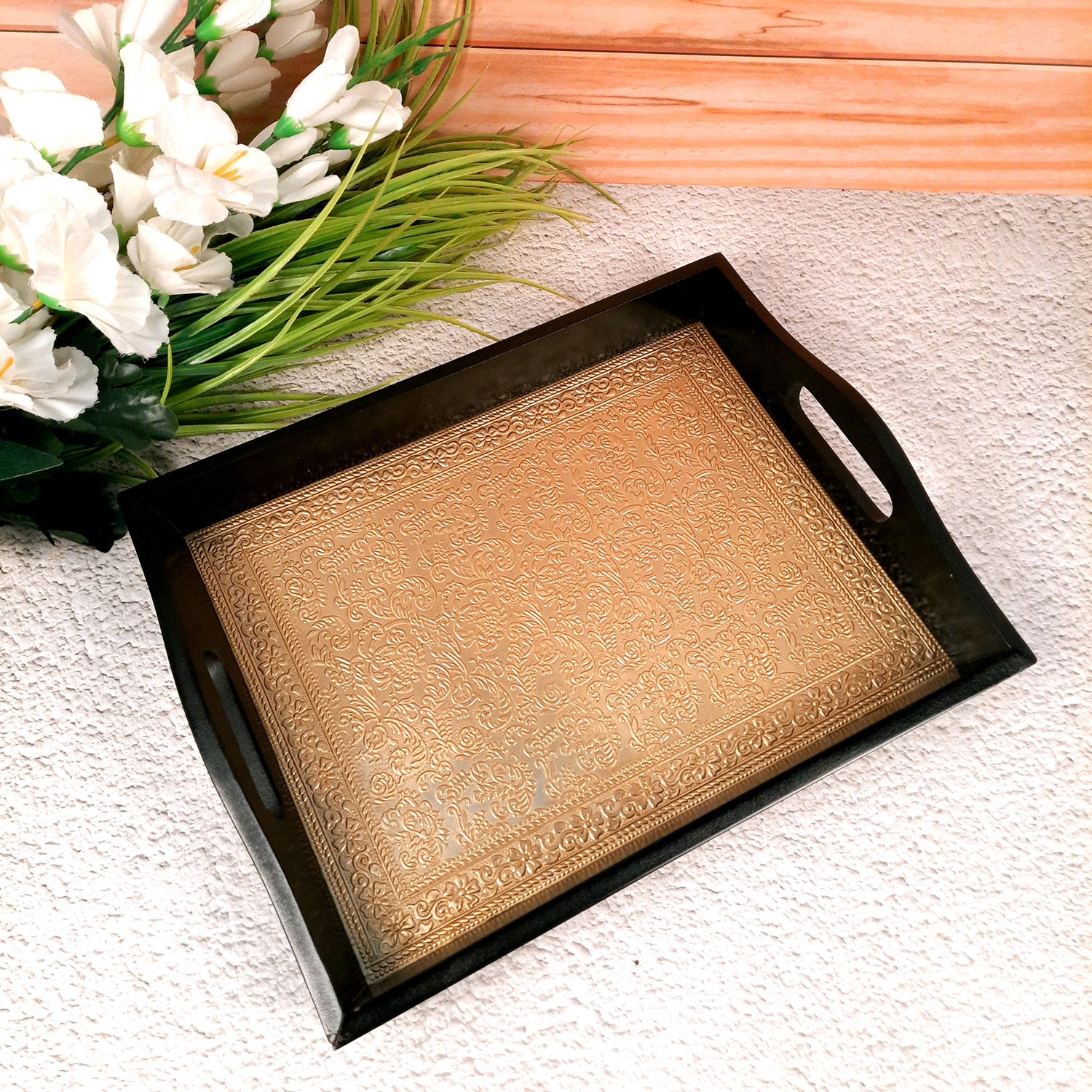 Brass Tray | Wooden Serving Tray Set - For Serving, Dining, Kitchen - Apkamart