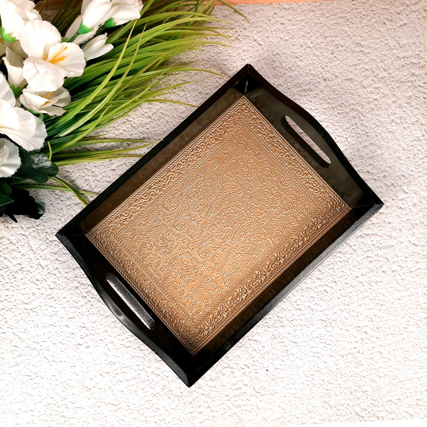 Brass Tray | Wooden Serving Tray Set - For Serving, Dining, Kitchen - Apkamart