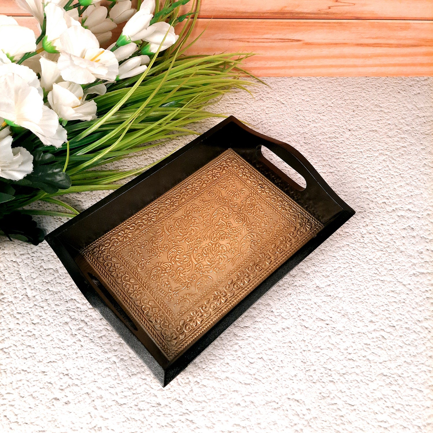 Brass Tray | Wooden Serving Tray Set - For Serving, Dining, Kitchen - Apkamart