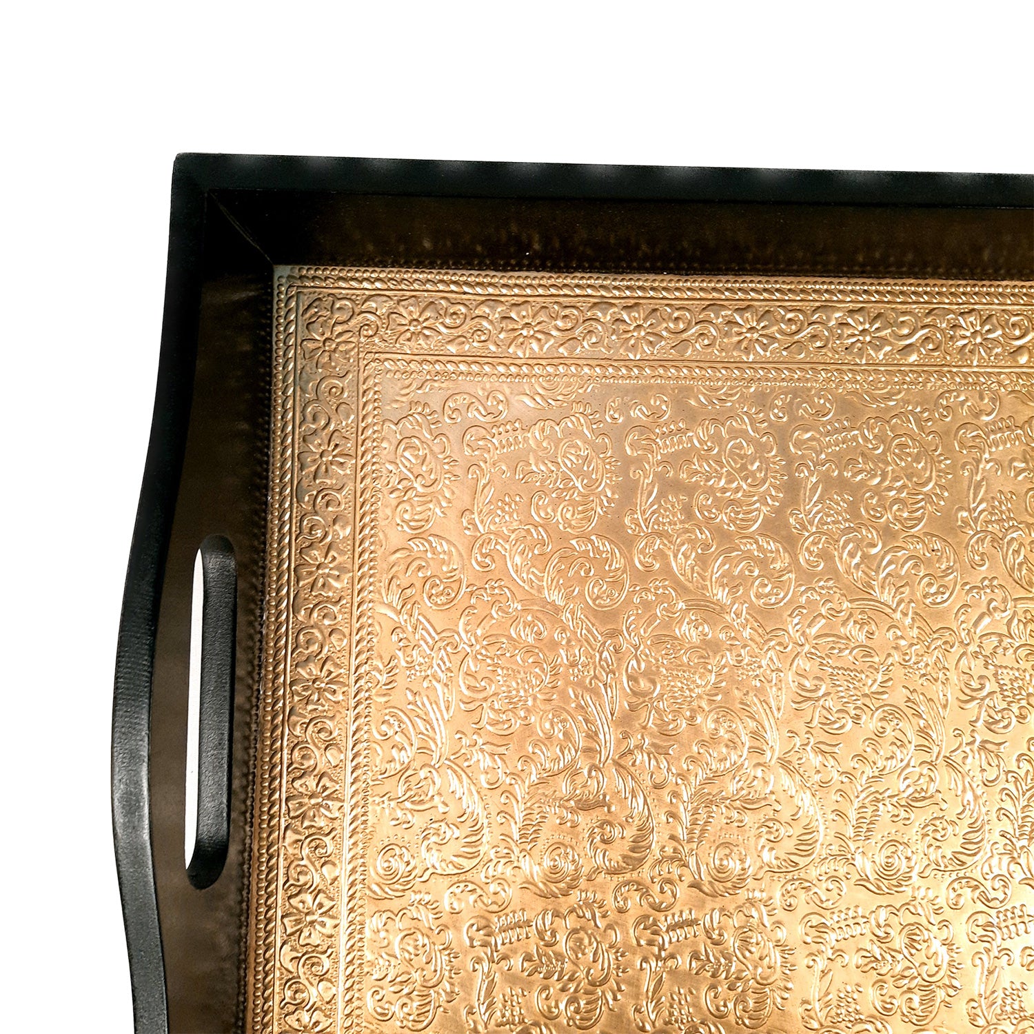 Serving Tray Brass | Wooden Tea & Snacks Serving Platter Wooden | Big Tray With Handles - for Home, Dining Table, Kitchen Decor, Restaurants, Office, Cafe & Gifts - 16 Inch - apkamart