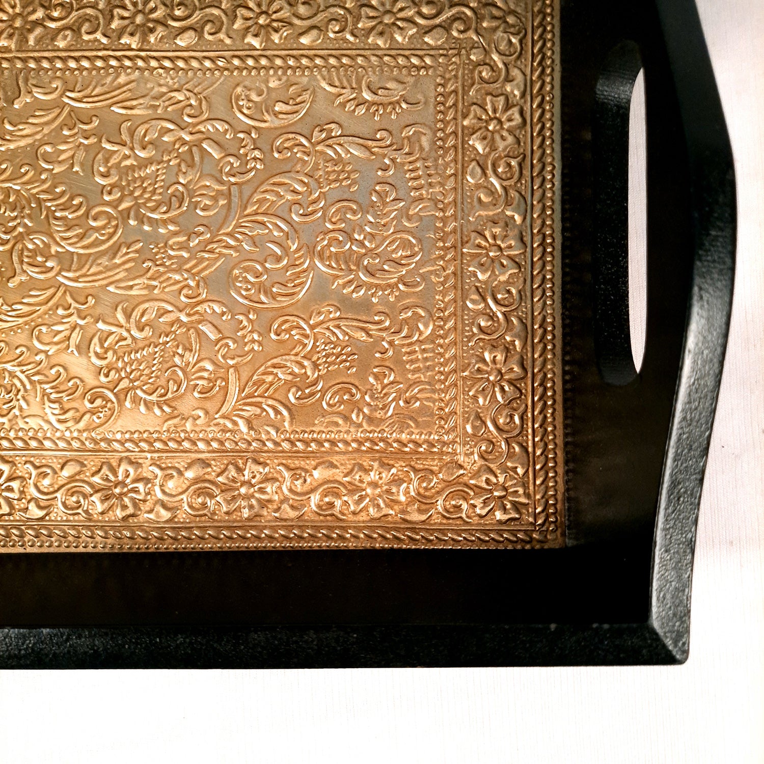 Brass Tray | Wooden Tea & Snacks Serving Platter Wooden | Tray With Handles - for Home, Dining Table, Kitchen Decor, Restaurants, Office, Cafe & Gifts - 14 Inch - Apkamart