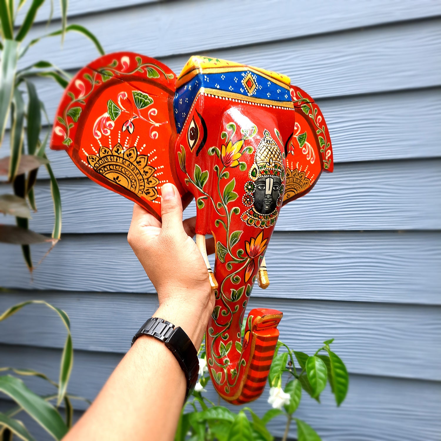 Elephant Head Wall Decor | Wooden Elephant Head with Balaji Wall Hanging - For Home, Wall Decor & Gifts - 14 Inch Inch-Apkamart #Color_Red