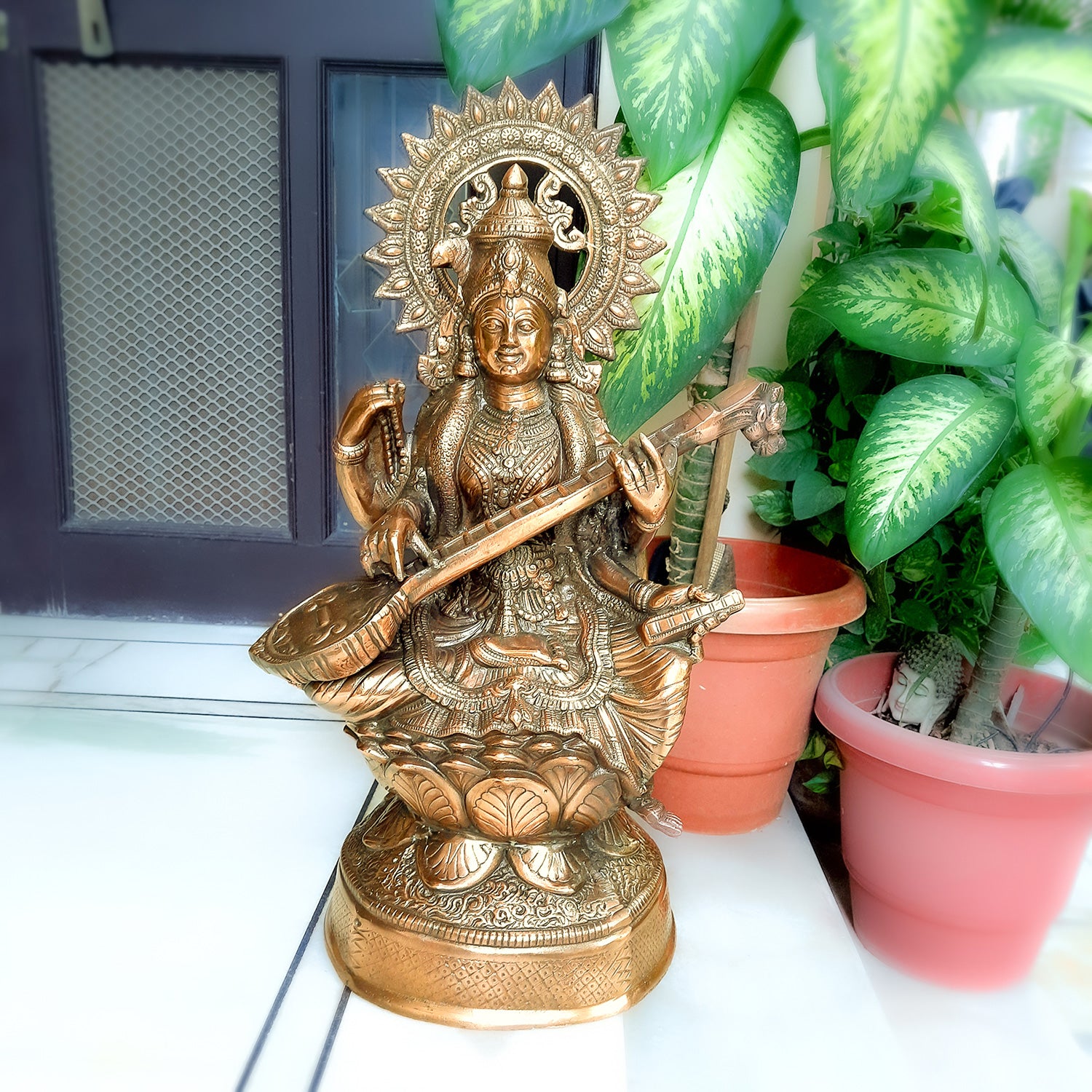 Saraswati Ji Statue | Goddess Sarasvati Idol- for Home, Puja, Temple, Office, Religious Decor & Gifts - Apkamart
