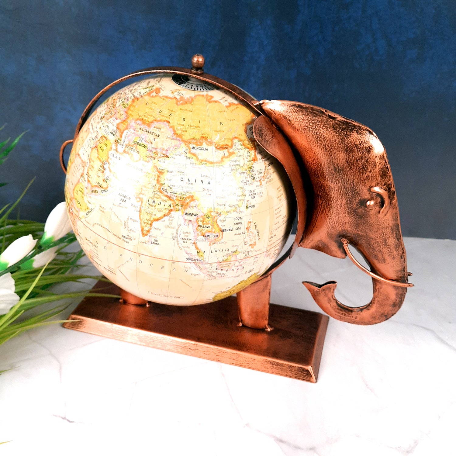Elephant Globe - Antique Showpiece - For Table Decor & Gifts - 11 Inch - ApkaMart #Color_Copper