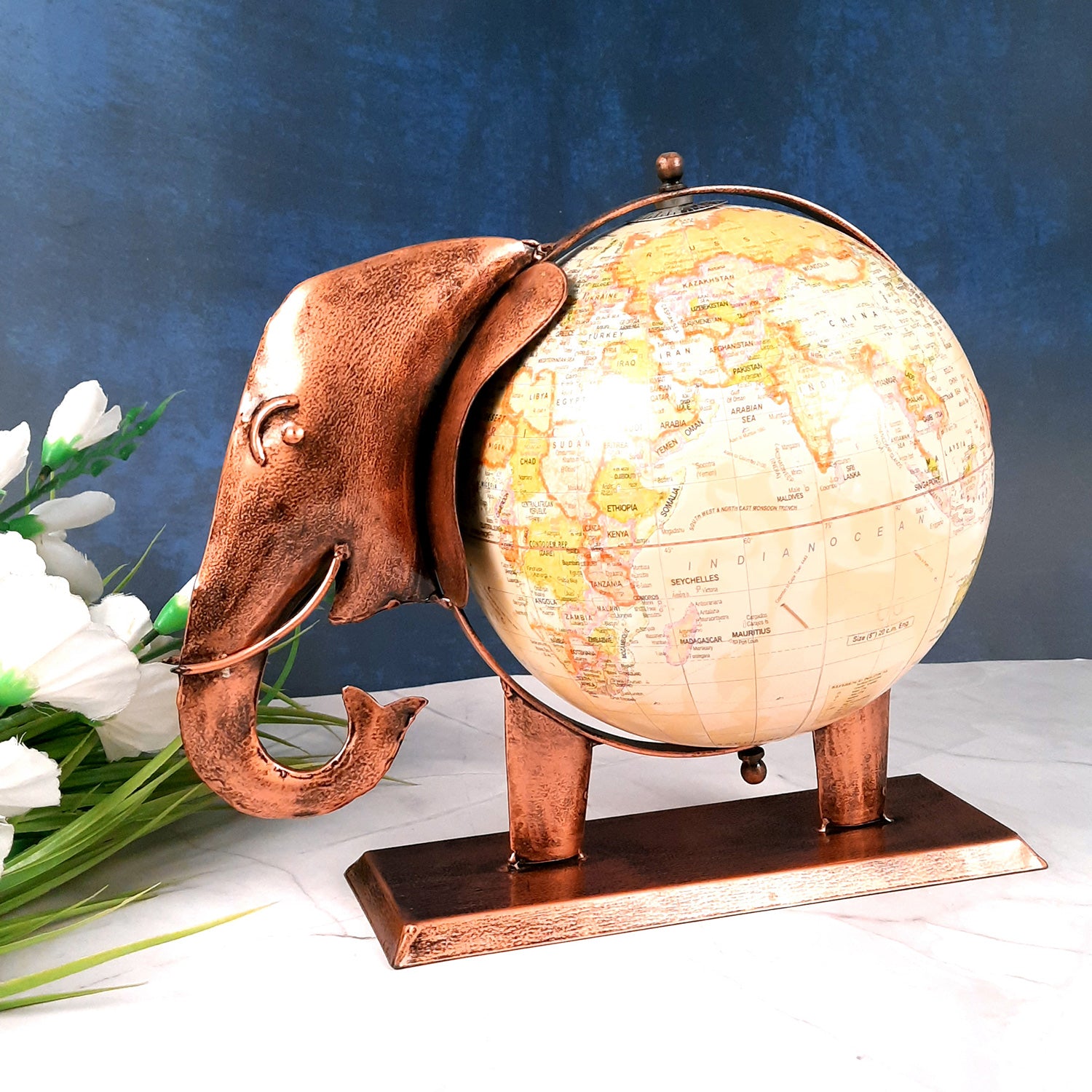 Elephant Globe - Antique Showpiece - For Table Decor & Gifts - 11 Inch - ApkaMart #Color_Copper